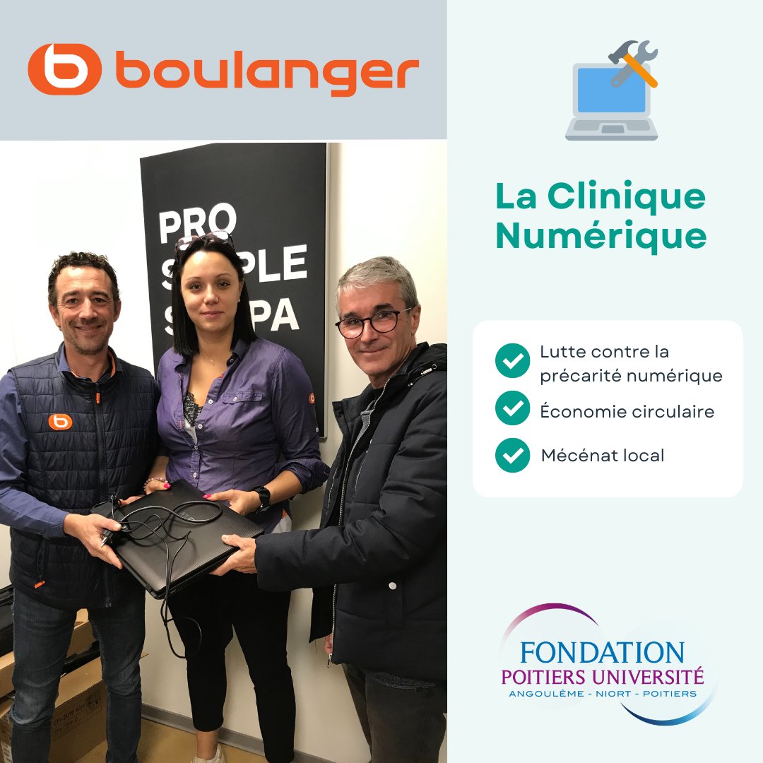 #PrécaritéNumérique 💻
🤝Le partenariat avec <a href="/boulanger/">Boulanger</a> se poursuit : un grand merci aux magasins de #Poitiers et #Angoulême pour ces nouveaux ordinateurs portables reconditionnés. 
♻ Ils seront proposés à des étudiants de l'<a href="/UnivPoitiers/">Université de Poitiers</a> dans le cadre de la #CliniqueNumérique.