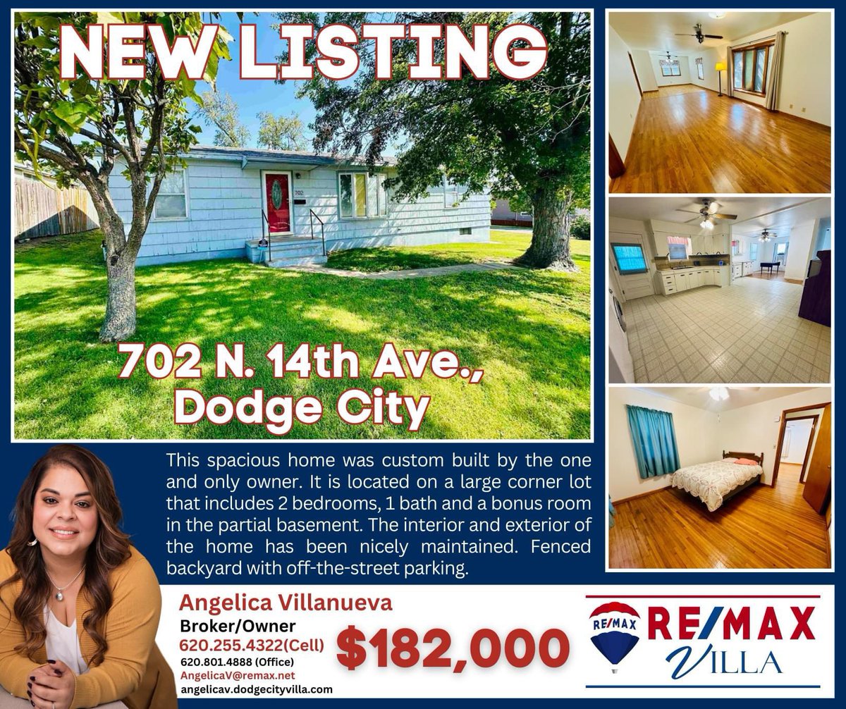 ReMaxVilla's tweet photo. 🏡 NEW LISTING ~ $182,000 ~ 702 N. 14th Ave., Dodge City, KS. The Listing Agent is Angelica Villanueva @HelicaDC Please call ☎️ or text her at 620-255-4322 or click on the link below ⬇️ in the comments. #DodgeCityRealEstate #DodgeCityRealtors https://t.co/I0CbUtDVOV