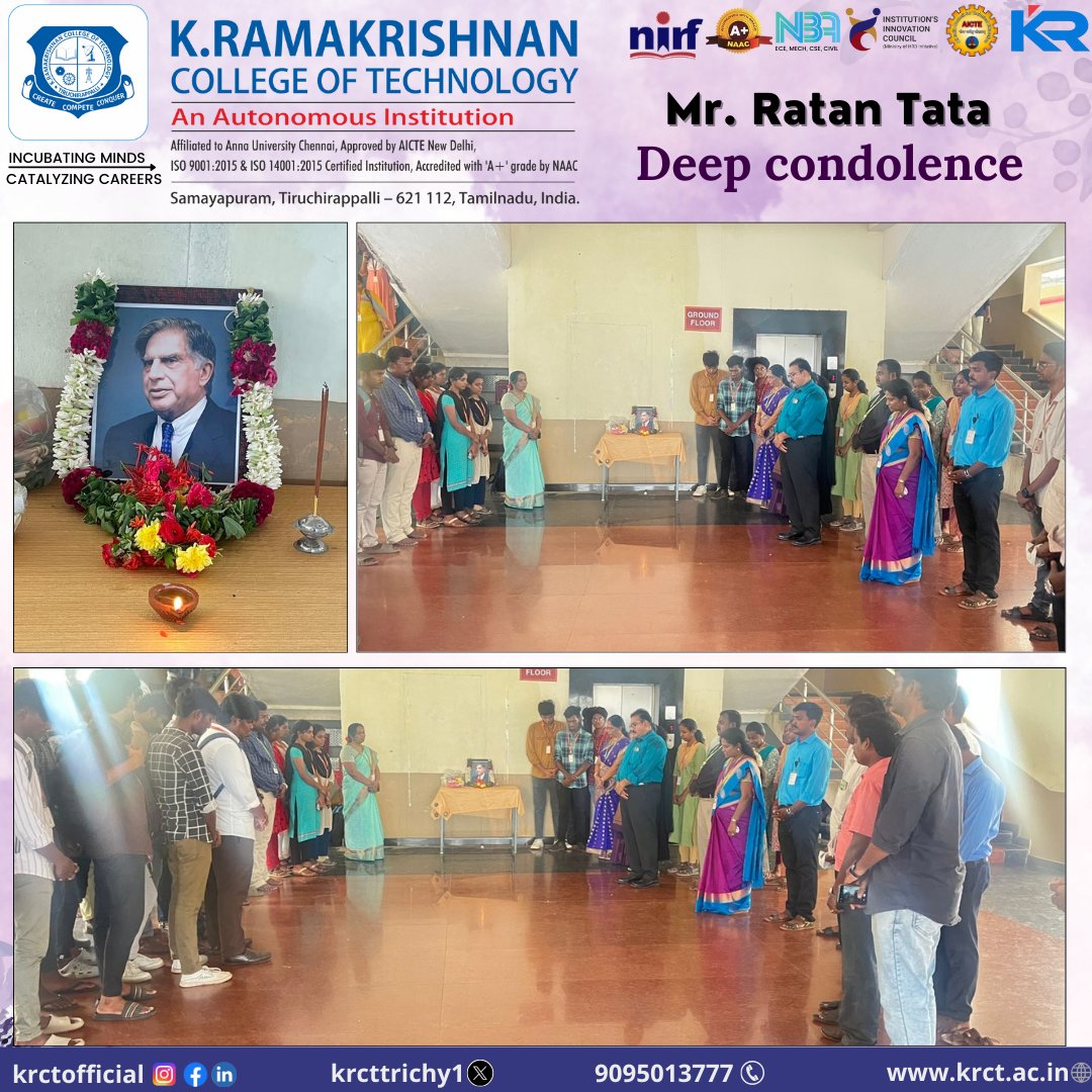 krcttrichy1's tweet image. K. Ramakrishnan College of Technology with heads bowed and hearts filled with gratitude, KRCT staff and students observed a two-minute silence in honor of 𝗠𝗿. 𝗥𝗮𝘁𝗮𝗻 𝗧𝗮𝘁𝗮'𝘀 remarkable legacy.
#KRCT #KRCTCollege #TATA #Legend #Chairman #Business #RIP #peace