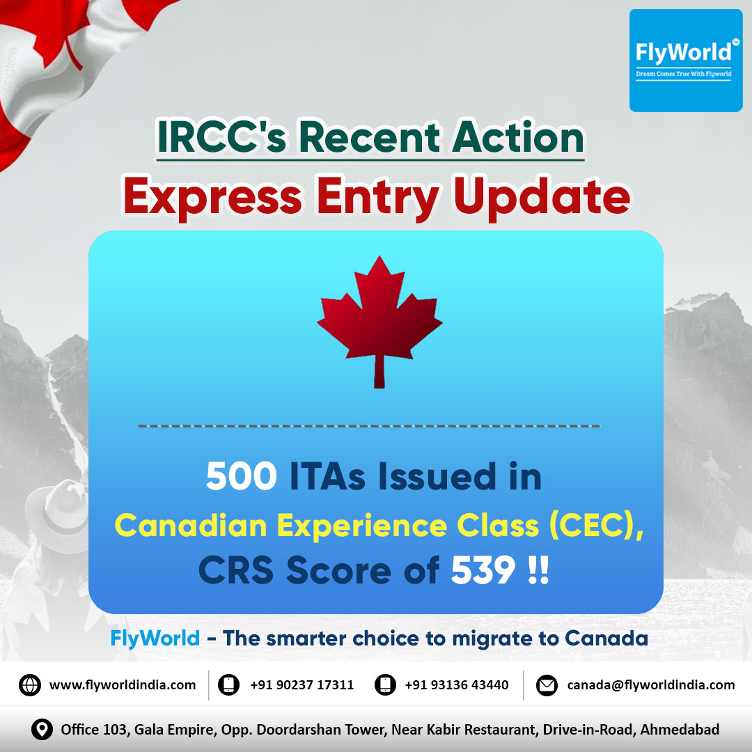 flyworldindia's tweet photo. IRCC keeps the ball rolling! 500 ITAs sent to CEC candidates in another Express Entry draw this week. 

#ExpressEntryDraw #ImmigrateToCanada #IRCC #canadanews #FLYWORLDINDIA https://t.co/hAGD5uLobb