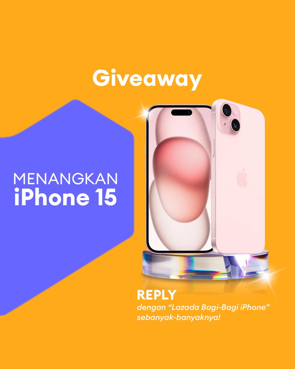 LazadaID's tweet image. ✨ GIVEAWAY ALERT ✨

WIHHHH, ADA IPHONE 15, NIH!!

1.Follow @LazadaID &amp;amp; tag 3 teman.  
2. Like, RT &amp;amp; reply dengan "Lazada Bagi-Bagi iPhone" pake hashtag #LazadaID #LazadaGiveaway #LazadaID1010 SEBANYAK-BANYAKNYA, YAA!  

Periode: 10 - 16 Oktober 2024