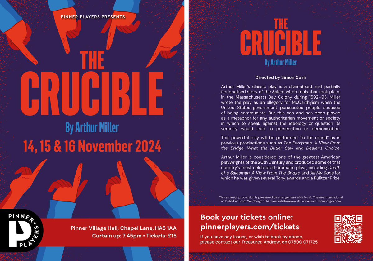 Tickets are now on sale for Pinner Players’ performances of The Crucible by Arthur Miller.

14/15/16th Nov 19:45

Please book online at 
pinnerplayers.com/tickets
£15+bkg fee

We look forward to seeing you there!
#pinnerplayers #pinnerlocal #thecrucible #amdram #feelingwitchy
