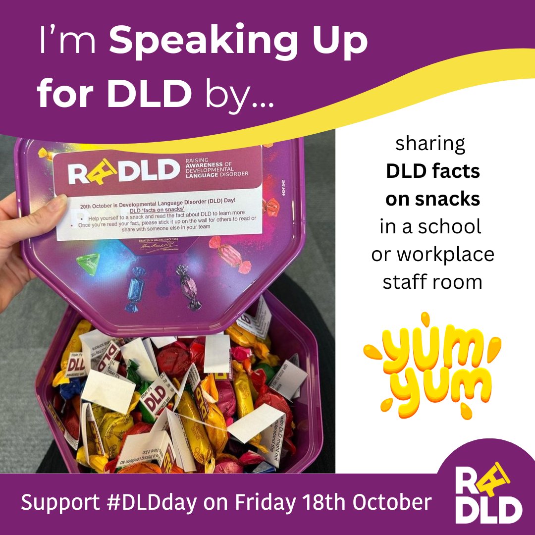 Food is often a good way to begin a conversation. Consider sharing facts about developmental language disorder (DLD) on snacks with people around you. That's the first step in raising awareness and advocating support for people with DLD. <a href="/RADLDcam/">RADLDcampaign</a>