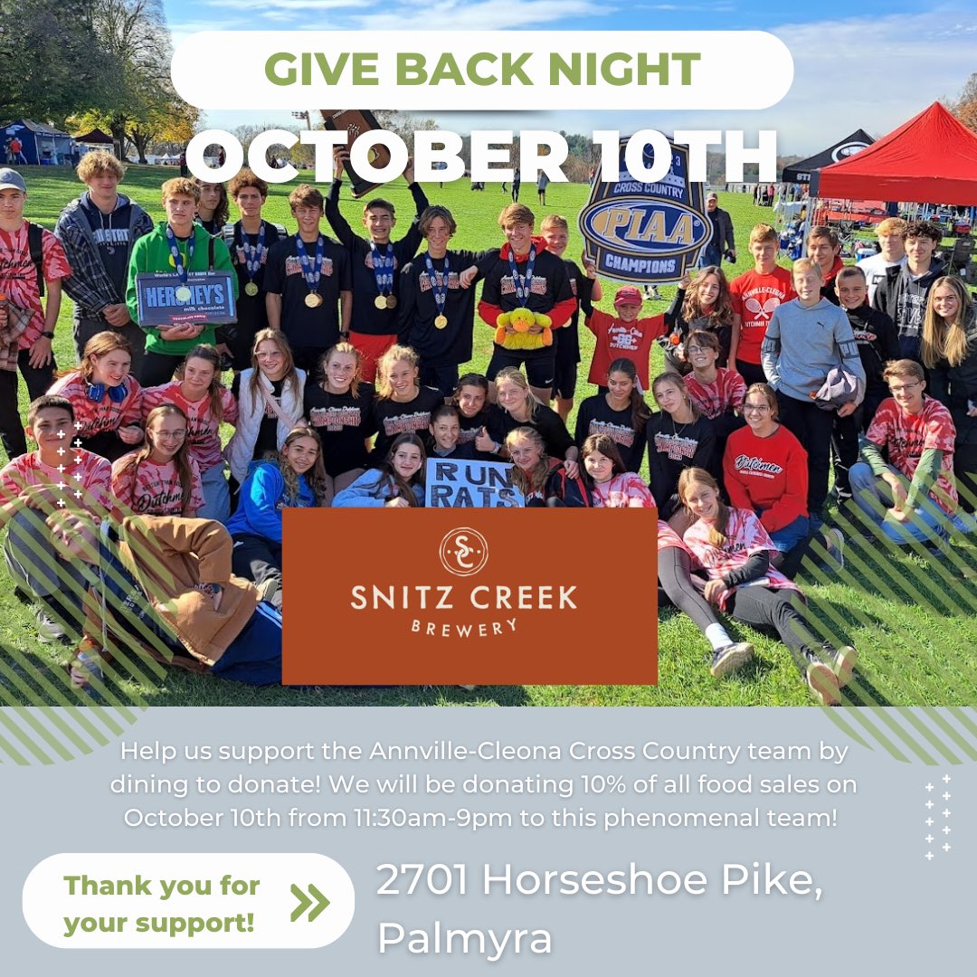 acxcdutchmen's tweet image. Need dinner plans?? We got you! Enjoy a dinner out at Snitz Creek Campbelltown AND support your favorite cross country team 🙂 THANK YOU for the support of our kids #acxc #givebacknight