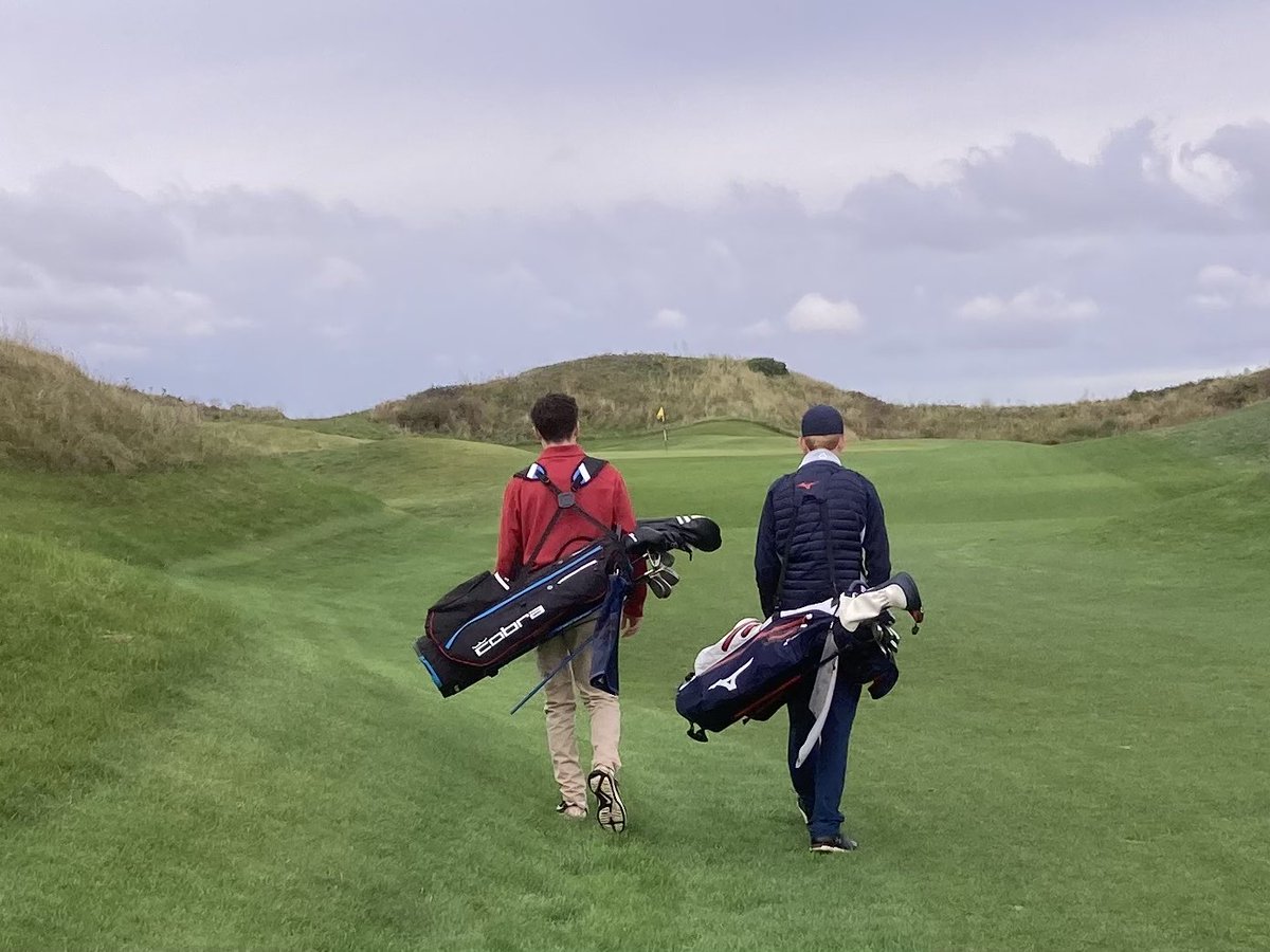 MCol_Golf's tweet photo. Good luck to Marlborough College golfers who tee it up in the semi-finals of the West of England Championships v Blundells at Burnham and Berrow GC this morning. Team captain Ollie strides down the 1st fairway on the way the a solid opening par ⛳️👍 https://t.co/k1dwx2POcD