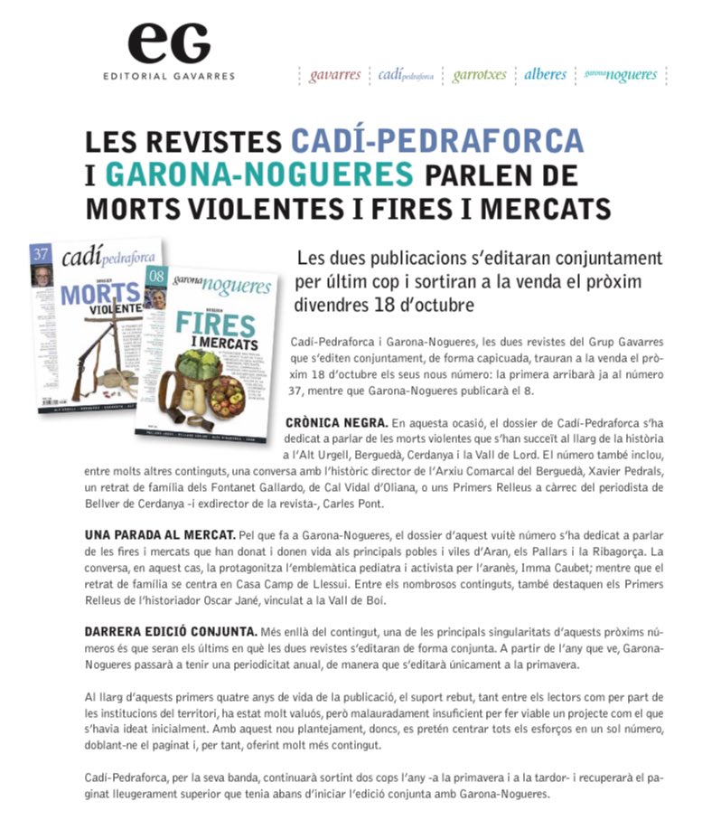 ☝🏻 El pròxim 18 d’octubre sortiran a la venda els nous números de Cadí Pedraforca i Garona Nogueres. Serà el darrer cop que les dues revistes es publicaran conjuntament, de forma capicuada.

Aquí us ho expliquem ⬇️