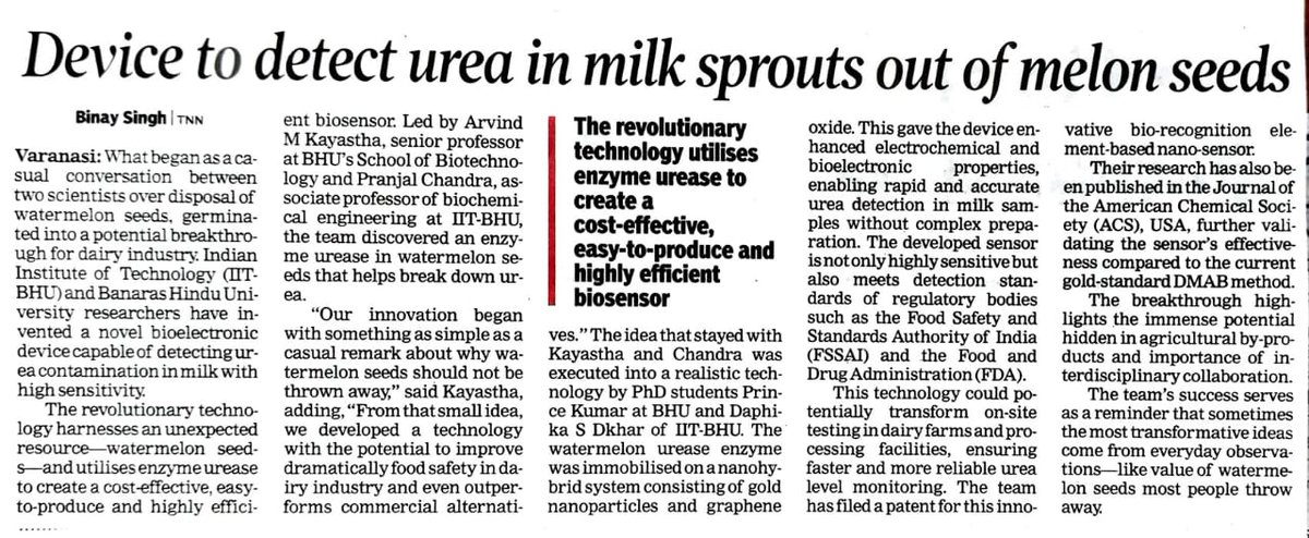 IITBHU_Varanasi's tweet image. In a major breakthrough for the dairy industry, Prof. Pranjal Chandra, IIT (BHU) &amp;amp; Prof. Arvind M. Kayastha (BHU), along with students Daphika S Dkhar &amp;amp; Prince Kumar, have developed a cutting-edge bioelectronic sensor for detecting urea in milk. #Innovation #FoodSafety #DairyTech