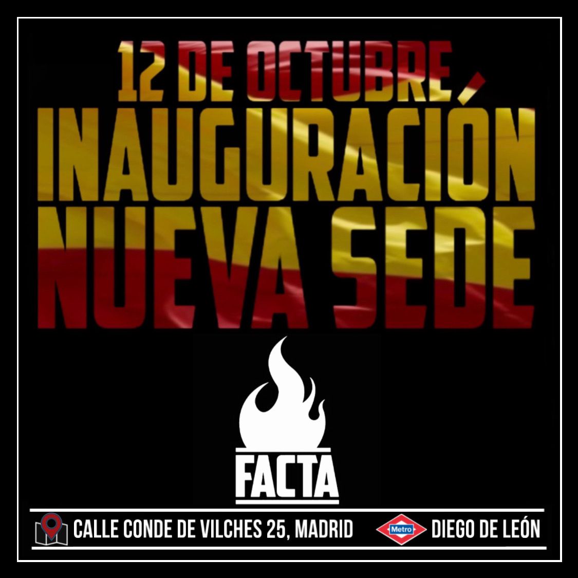 🇪🇸¡Este 12 de octubre conoce nuestra nueva sede!
Este sábado a partir de las 19.00h en la calle Conde de Vilches 25, Madrid.
🔥¡No pierdas la ocasión de conocer el mejor punto de encuentro patriota!