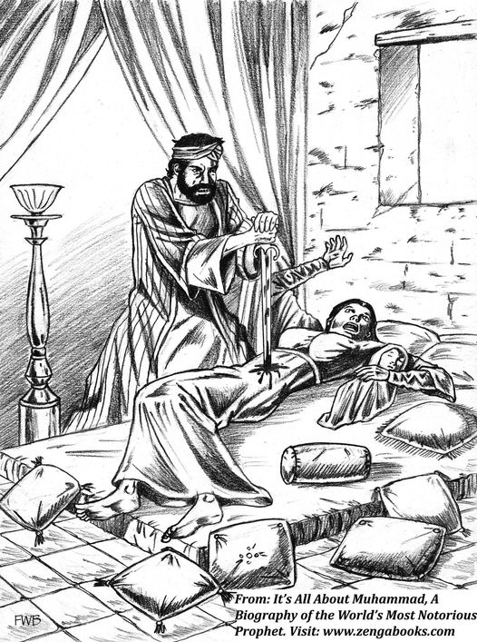 ImtiazMadmood's tweet photo. Murder of Asma bint Marwan:
Mohammed gained power in Arabia by acts of terrorism. Composition and recital of satirical poetry was part of the Arab culture of the time. Asma bint Marwan عصماء بنت مروان was an accomplished poet and mother of five, very young children. 

She annoyed Mohammed by her poetry. She was a poetic "Charlie Hebdo" of her time. Mohammed had her murdered as she lay suckling her baby. The murderer was carefully chosen in order to avoid reprisals. He was a blind man of the tribe of Asma's husband.