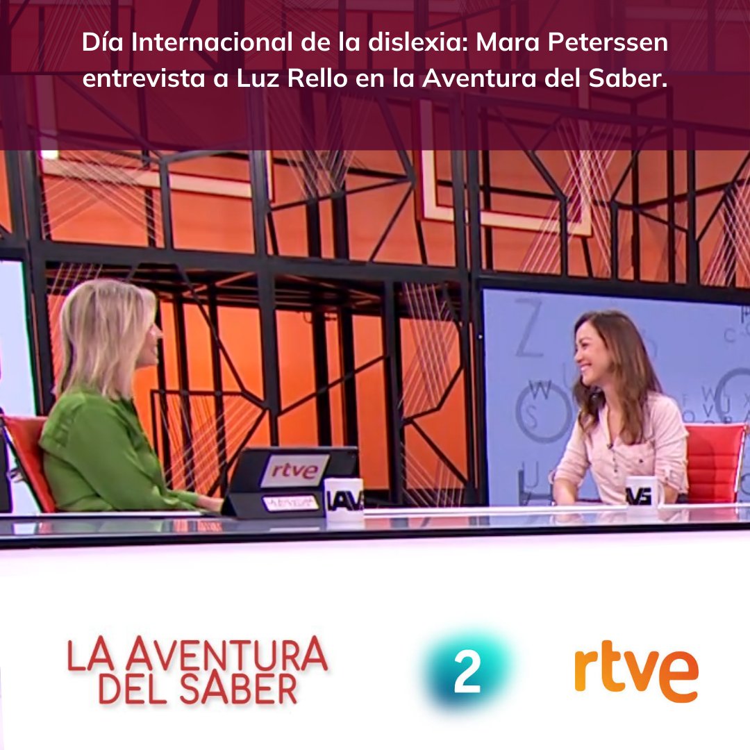 Change Dyslexia (@changedyslexia) on Twitter photo El Día Internacional de la Dislexia disfrutamos de una maravillosa entrevista en el programa <a href="/aventurasaber/">La Aventura del Saber</a> de <a href="/la2_tve/">La 2</a>.
<a href="/MaraPeterssen/">Mara Peterssen</a> y <a href="/luzrello/">Luz Rello</a> reflexionan sobre los obstáculos que enfrentan las personas con #dislexia y cómo superarlos.
play.rtve.es/v/16278959/ El Día Internacional de la Dislexia disfrutamos de una maravillosa entrevista en el programa <a href="/aventurasaber/">La Aventura del Saber</a> de <a href="/la2_tve/">La 2</a>.
<a href="/MaraPeterssen/">Mara Peterssen</a> y <a href="/luzrello/">Luz Rello</a> reflexionan sobre los obstáculos que enfrentan las personas con #dislexia y cómo superarlos.
play.rtve.es/v/16278959/