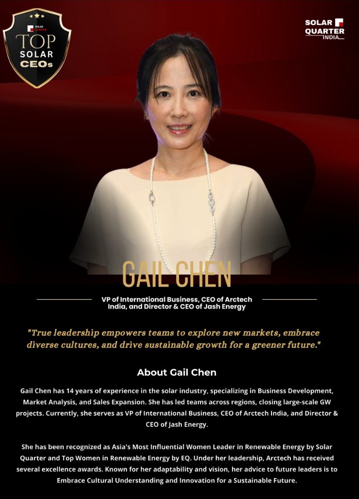 ArctechSolar's tweet photo. #Arctech is proud to announce that Gail Chen, CEO of #ArctechIndia and CEO/Director of Jash Energy Private Limited, Arctech’s #JVFactory in #India, has been recognized as one of the top #solar CEOs in India by @SolarQuarter. Notably, she is also the only female CEO on this list. https://t.co/rpUMM7zIwF