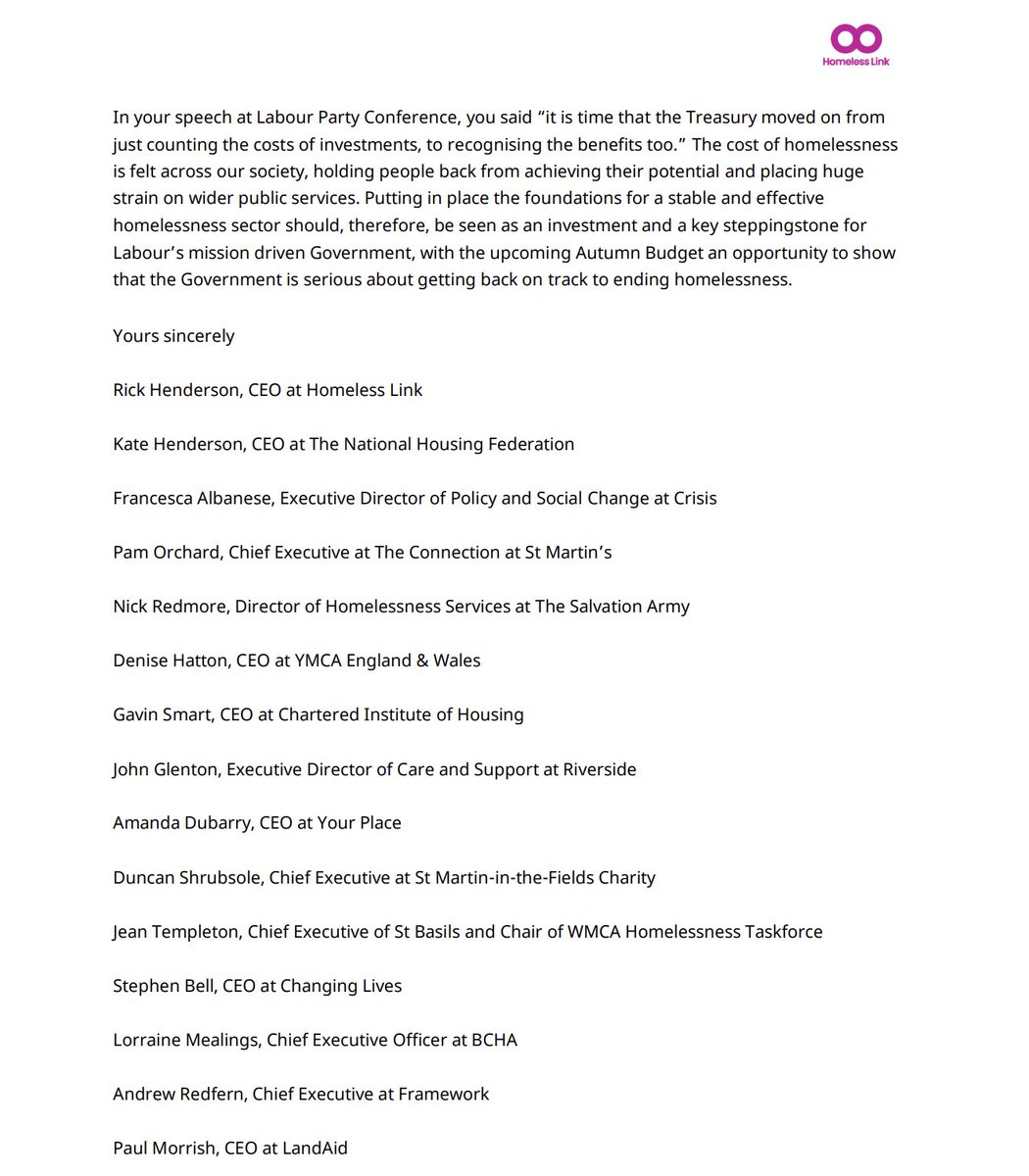 National Housing Federation (@natfednews) on Twitter photo Nearly £1bn is set to leave the homeless sector in April.
On #WorldHomelessDay we’ve joined 75 other orgs signing <a href="/HomelessLink/">Homeless Link</a>'s letter to <a href="/RachelReevesMP/">Rachel Reeves</a> calling for action in #AutumnBudget
Long-term funding is vital to ensure homelessness services can continue to operate. Nearly £1bn is set to leave the homeless sector in April.
On #WorldHomelessDay we’ve joined 75 other orgs signing <a href="/HomelessLink/">Homeless Link</a>'s letter to <a href="/RachelReevesMP/">Rachel Reeves</a> calling for action in #AutumnBudget
Long-term funding is vital to ensure homelessness services can continue to operate.