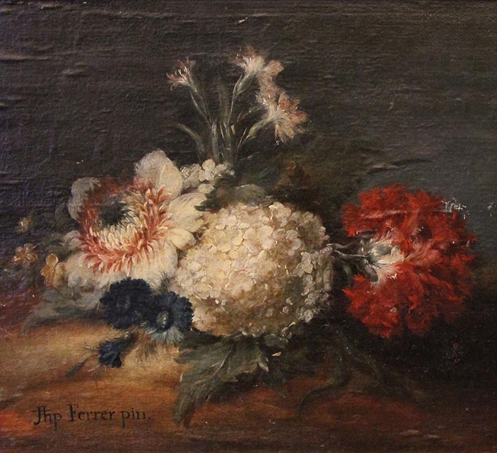 🪻"Flors" [RACBASJ, inv. 116] és una pintura a l’oli sobre tela, procedent del Museu de l’antiga Junta de Comerç, de l’artista de l'Alcora (Castelló) Josep Ferrer Minyana (1746-1815), qui destacà sobretot per la qualitat de les seves pintures de flors al natural.