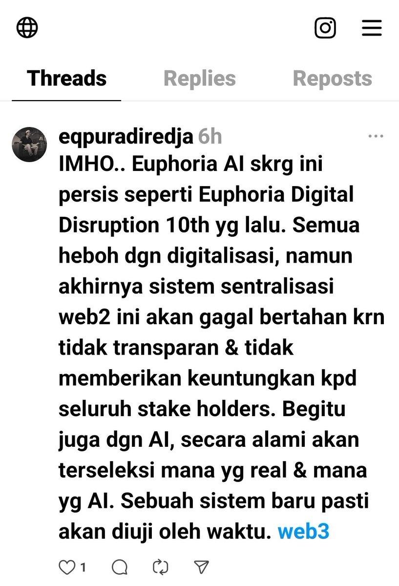 Imho.. Euphoria AI skrg ini persis seperti Euphoria Digital Disruption 10th yg lalu. Semua heboh dgn digitalisasi, namun akhirnya sistem sentralisasi web2 ini gagal bertahan  Begitu juga dgn AI yg secara alami akan terseleksi yg real &amp; fake. Sistem hrs diuji oleh waktu. #web3