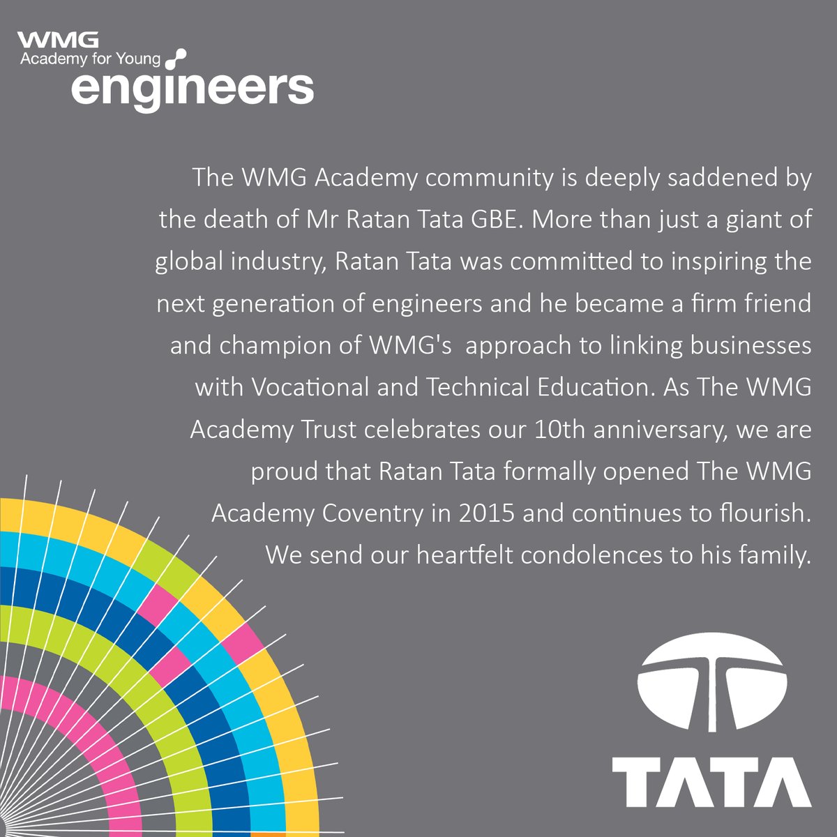 WMGAcademySol's tweet image. We are deeply saddened by the passing of Mr. Ratan Tata GBE. A true friend of WMG Academy, he inspired the next generation of engineers. Our thoughts are with his family.  #RatanTataLegacy #IndustryGiant #EngineeringFuture #WMGAcademy10Years #Tata #RatanTata