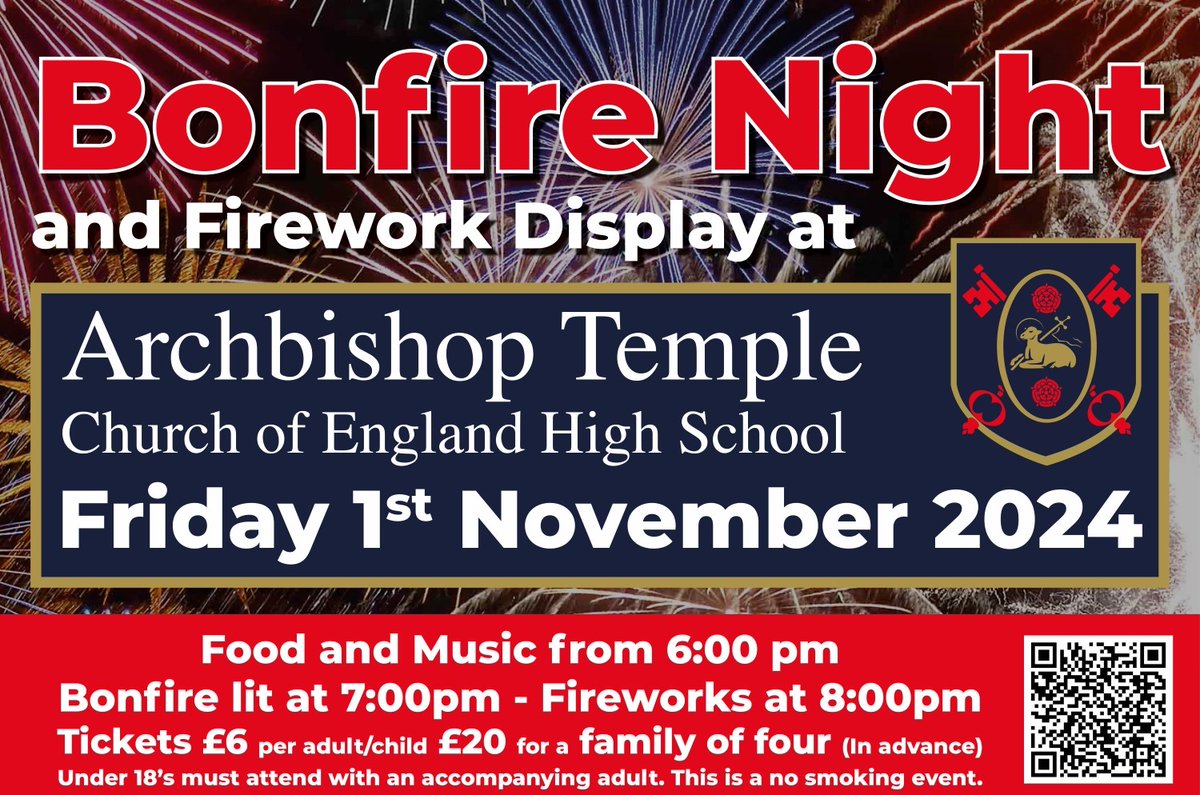 Join us for a spectacular Fireworks and Bonfire night at Archbishop Temple Church of England High School. 🎉The event will be hosted by our school PTA on Friday 1st November. We recommend that you purchase your tickets early via our website, link below. 
archbishoptemple.com/events/2024-11…