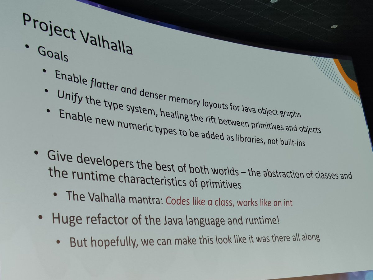 mariofusco's tweet image. Project Valhalla:
  - works like a class
  - performs like an int
#Devoxx