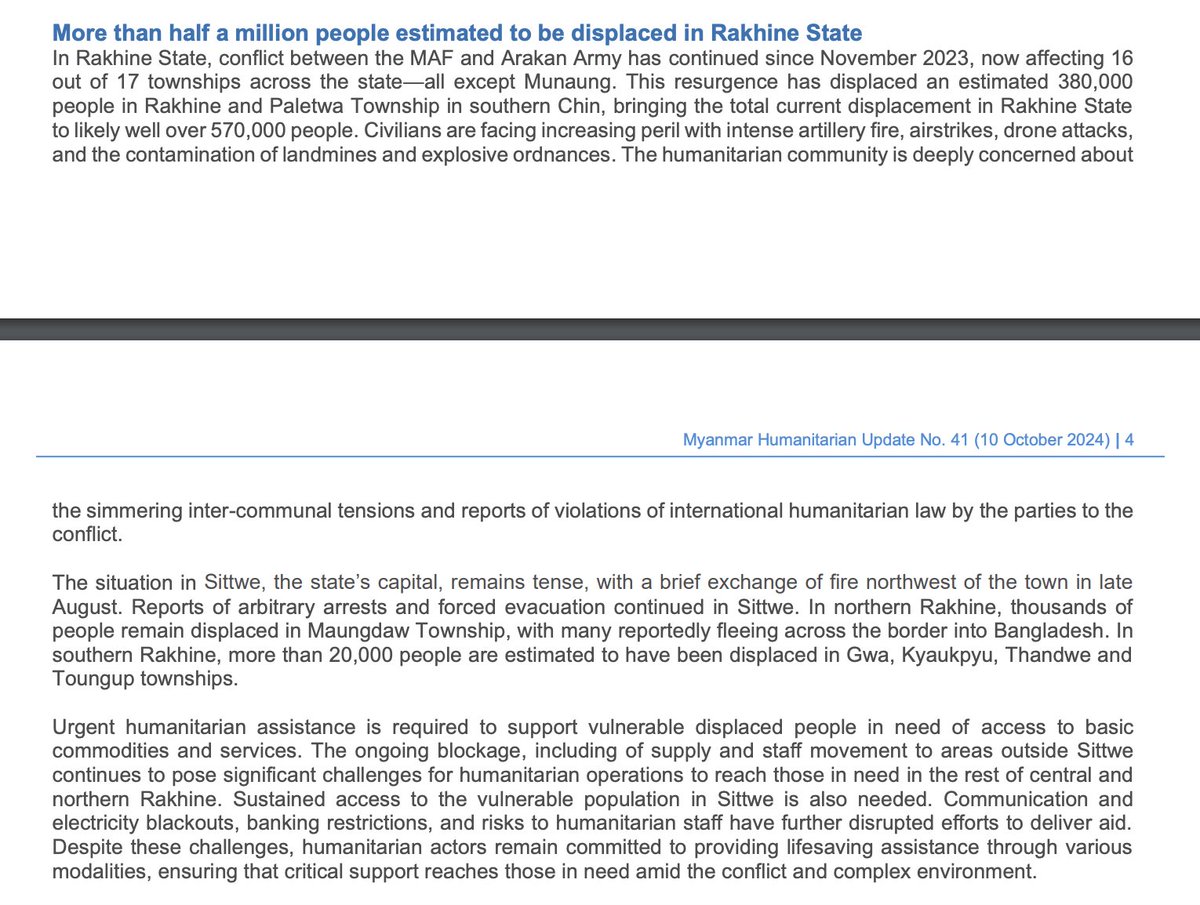 Women's Peace Network (@womenspeacenw) on Twitter photo ⚠️500,000+ ppl likely displaced in #Rakhine State," according to <a href="/UNOCHA/">UN Humanitarian</a>, which says "the humanitarian community is deeply concerned about simmering inter-communal tensions & reports of violations of int'l humanitarian law by the parties to the conflict."
reliefweb.int/report/myanmar… ⚠️500,000+ ppl likely displaced in #Rakhine State," according to <a href="/UNOCHA/">UN Humanitarian</a>, which says "the humanitarian community is deeply concerned about simmering inter-communal tensions & reports of violations of int'l humanitarian law by the parties to the conflict."
reliefweb.int/report/myanmar…