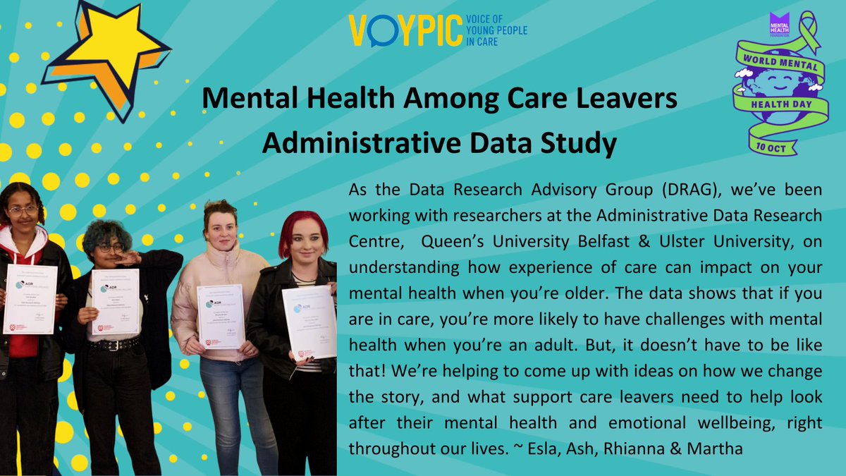 VOYPIC (@voypic) on Twitter photo Today is #WorldMentalHealthDay
These young people are doing amazing things, working alongside <a href="/Sarah_McKenna63/">Dr Sarah McKenna</a> and everyone at the <a href="/ADRC_NI/">ADRC NI</a> on understanding #mentalhealth among #careleavers- and coming up with ideas on how to change the story!
<a href="/mentalhealth/">Mental Health Foundation</a> <a href="/MHC_NI/">Mental Health Champion for NI</a> #WMHD24 Today is #WorldMentalHealthDay
These young people are doing amazing things, working alongside <a href="/Sarah_McKenna63/">Dr Sarah McKenna</a> and everyone at the <a href="/ADRC_NI/">ADRC NI</a> on understanding #mentalhealth among #careleavers- and coming up with ideas on how to change the story!
<a href="/mentalhealth/">Mental Health Foundation</a> <a href="/MHC_NI/">Mental Health Champion for NI</a> #WMHD24