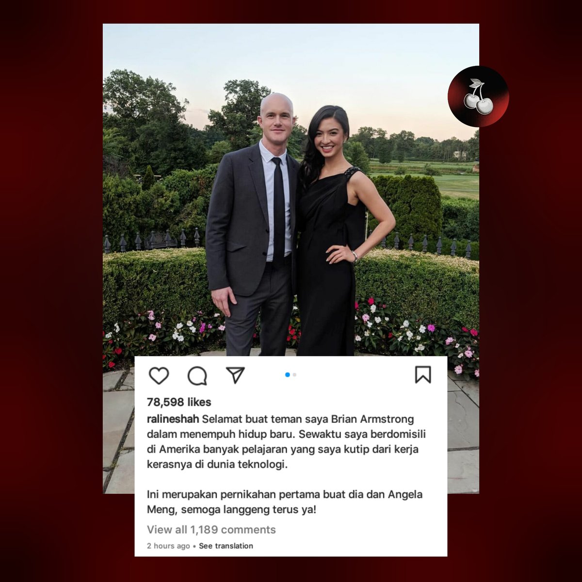 Raline Shah denies the marriage allegations with Brian Armstrong in a new  Instagram post.