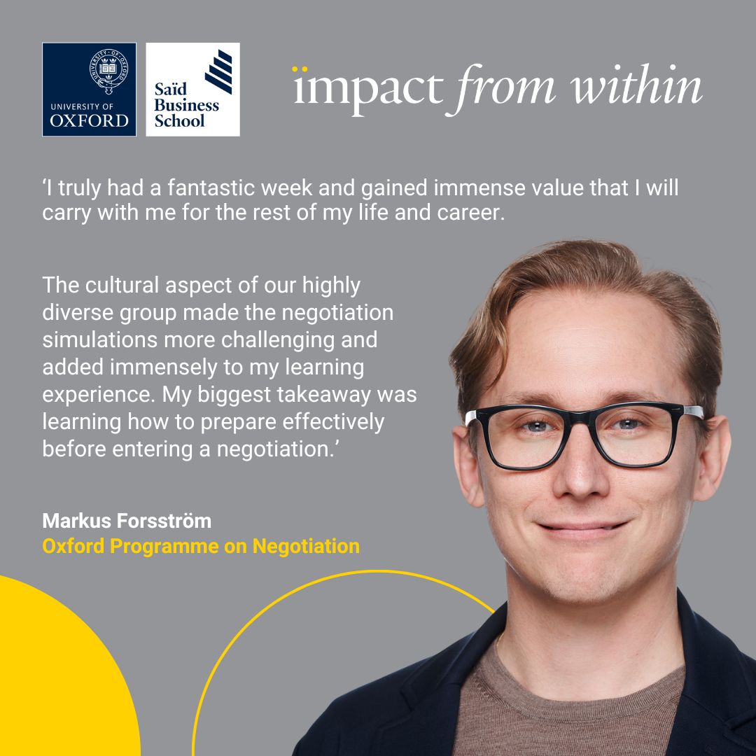 Levelling up: the negotiation skills that changed my game.

In his blog, Markus highlights how his biggest takeaway was learning how to effectively prepare before entering a negotiation. 

Find out about his time on the #Oxford Programme on #Negotiation - oxsbs.link/3ZUFxSI