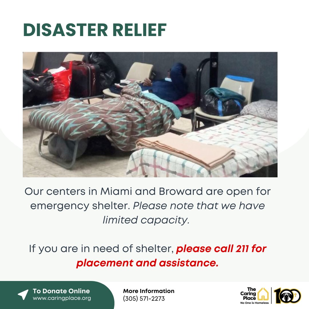 The Caring Place is open for emergency shelter in Miami and Broward. Please note that we have limited capacity. If you are in need of shelter, call 211 for placement and assistance. We're here to help those in need find a safe place to stay 🙏