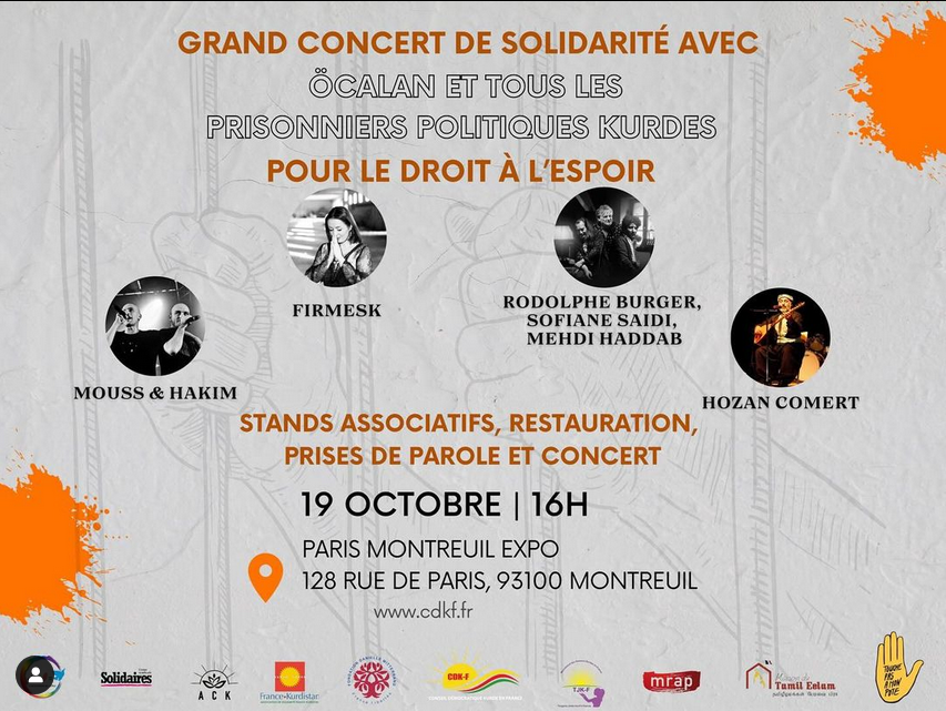 Fondation Danielle Mitterrand (@francelibertes) on Twitter photo Alors que la Turquie compte des dizaine de milliers de prisonnier·es politiques dont une majorité d’opposant·es kurdes, ce concert sera l'occasion de soutenir celles et ceux emprisonné·es pour avoir défendu leurs libertés et leurs droits !
Votre place👉billetterie.agp.fr/FR/Tarif.awp?P… Alors que la Turquie compte des dizaine de milliers de prisonnier·es politiques dont une majorité d’opposant·es kurdes, ce concert sera l'occasion de soutenir celles et ceux emprisonné·es pour avoir défendu leurs libertés et leurs droits !
Votre place👉billetterie.agp.fr/FR/Tarif.awp?P…