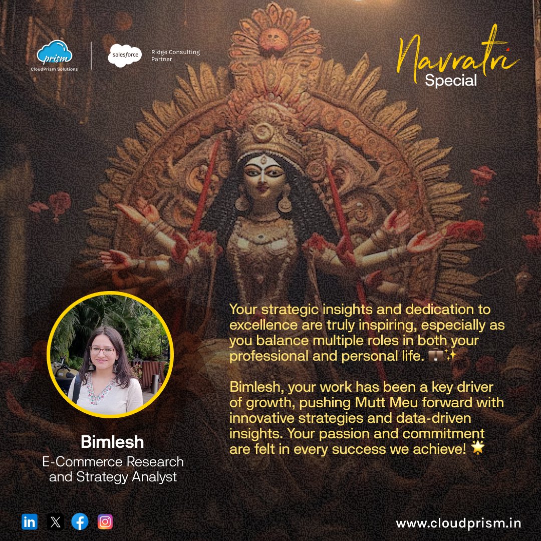 This Navratri, we proudly celebrate the remarkable contributions of Bimlesh Gariya, our talented E-Commerce Research and Strategy Analyst at Mutt Meu.
.
#cloudprismsolutions #muttmeu #salesforce #salesforceconsulting #salesforceimplementation
