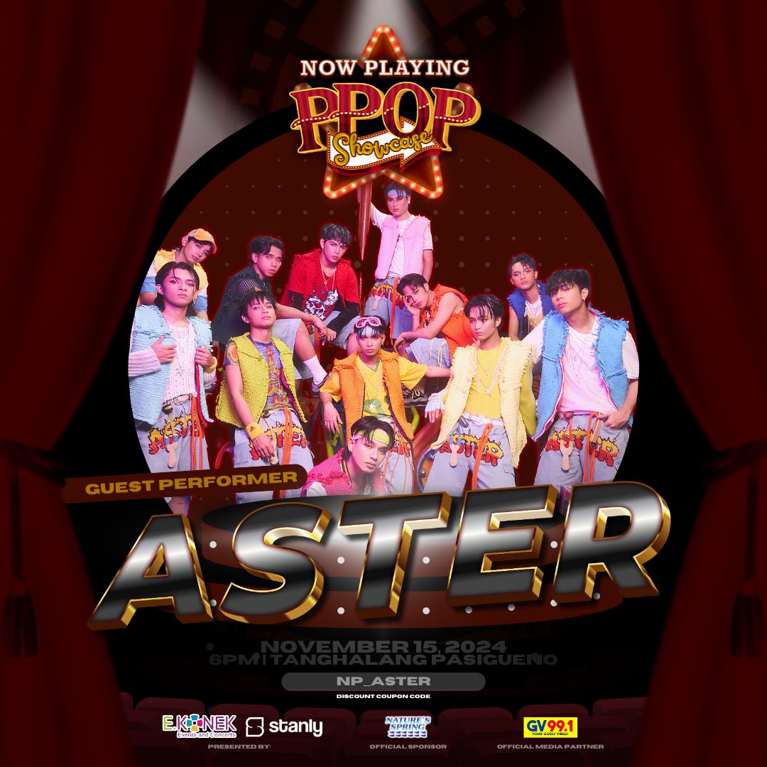 —✨: GUEST ARTIST LINE UP: ASTER 

SURPRISE! The curtains are opening as they arrive not only to show off an incredible performance, but also to ignite the passions of future PPOP stars! ✨

You can also apply their promo code "NP_ASTER" for a 5% discount.

#PPOPShowcase