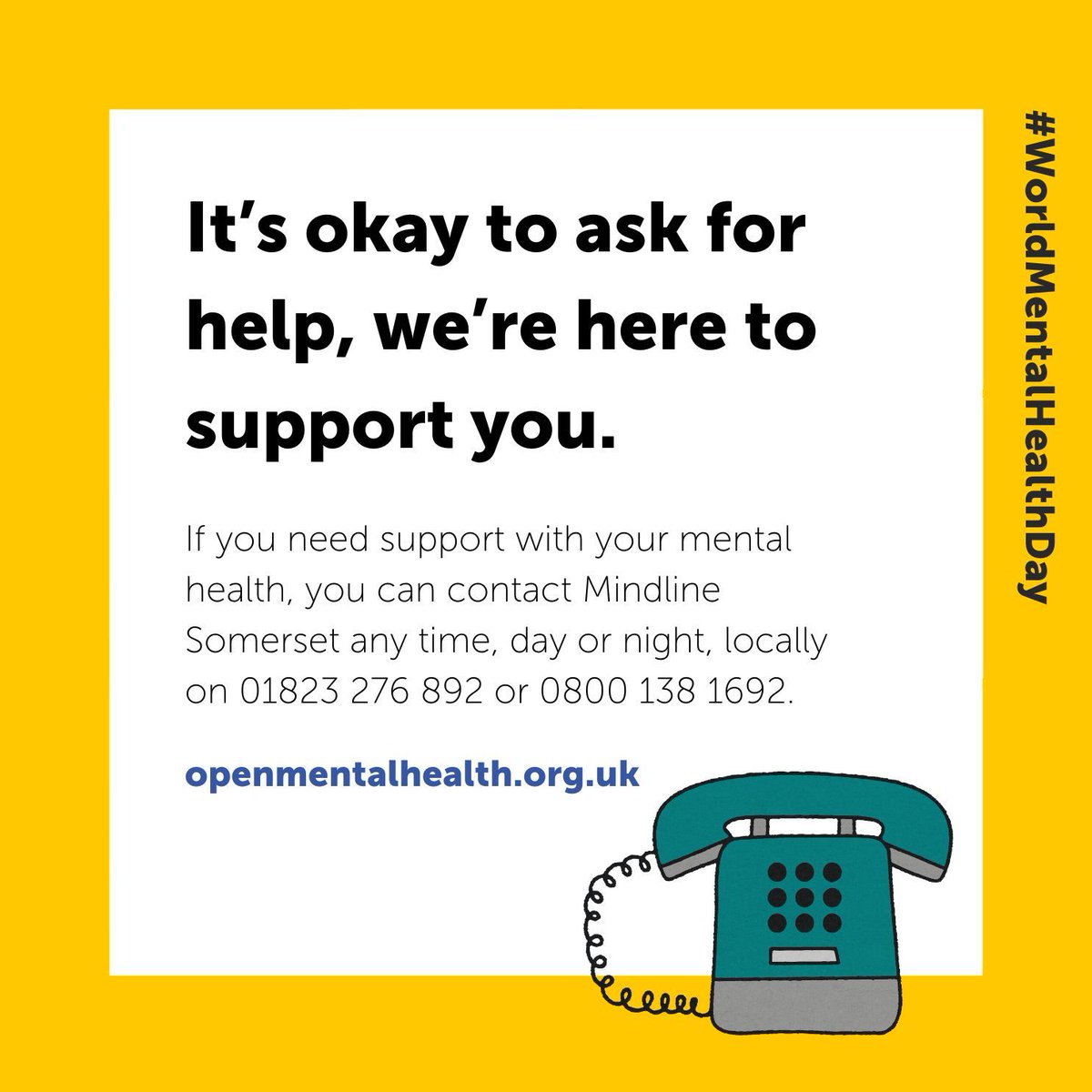 It’s World Mental Health Day, and this year, we’re focusing on mental health in the workplace.

More tips and a Workplace Toolkit on our blog: bit.ly/WMHD24OMH 

#WorldMentalHealthDay #Somerset