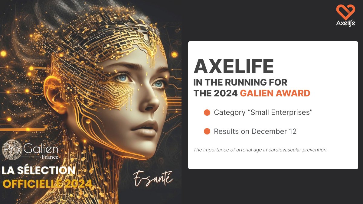 🚀 Axelife in the running for the 2024 Galien  Award!
By utilizing arterial age, the pOpmètre® helps support behavior changes to prevent cardiovascular diseases.
Join us on December 12 for the results!
#GalienAward2024 #Axelife #pOpmètre #Cardiovascular #HealthInnovation   #eHeal