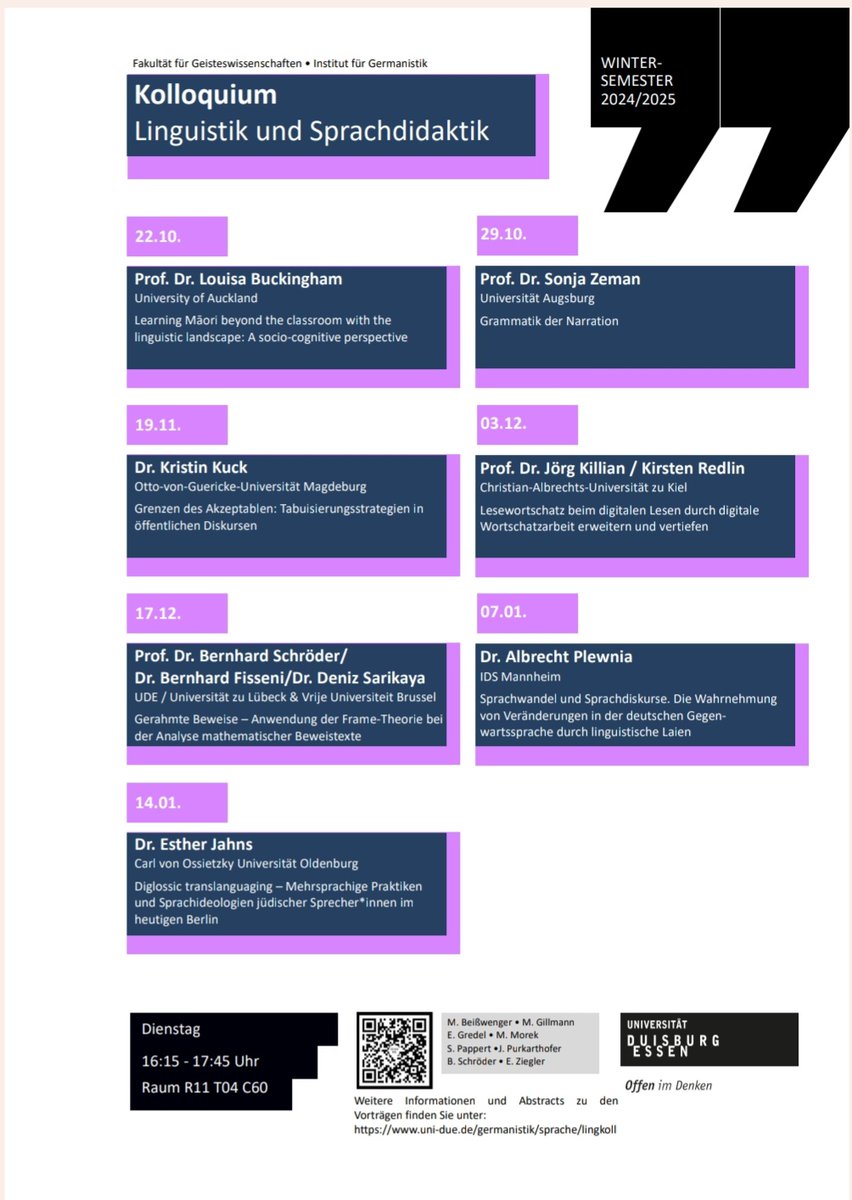 Am 22.10.24 startet das Kolloquium Linguistik und Sprachdidaktik an der #unidue. 
Das Programm und weitere Infos unter: uni-due.de/germanistik/li…