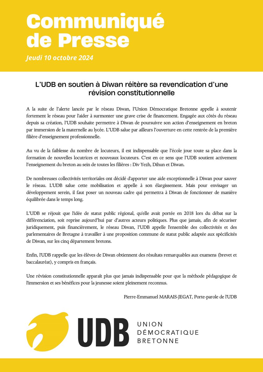 🔔 Suite à l'alerte du réseau <a href="/Diwan/">Diwan</a>, l'UDB appelle à un soutien fort pour les aider à surmonter leur crise de financement. Les écoles immersives en breton sont essentielles pour former de nouveaux locuteurs. 
L'UDB réitère sa revendication d’une révision constitutionnelle.✊