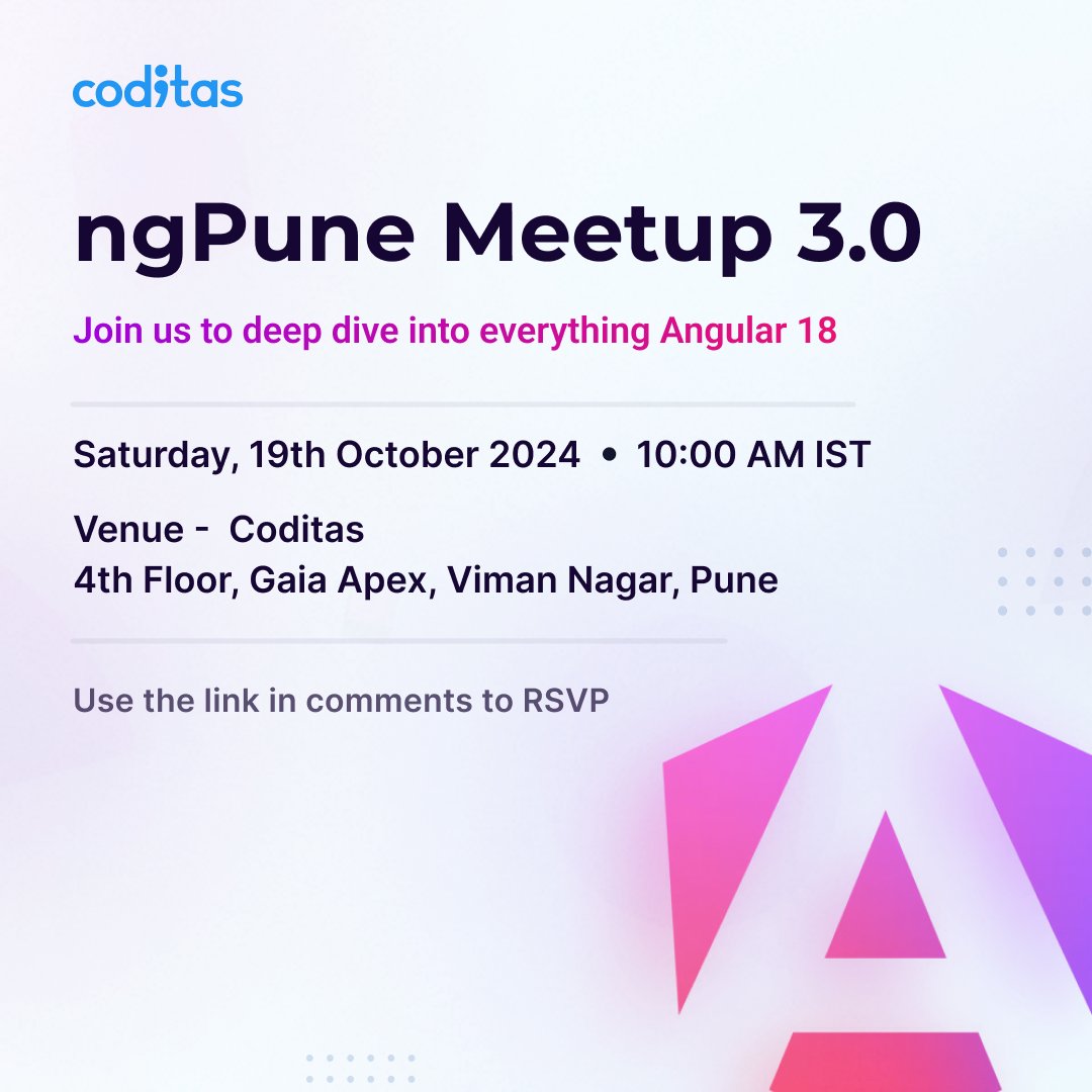 coditasHQ's tweet image. 🎉Calling all Angular enthusiasts!
ngPune Meetup 3.0 is back, and Coditas is excited to be your venue partner! Join us to dive into #Angular18's features and best practices.
It’s a great chance to connect with fellow fans and industry experts. Don't miss out!
#ngPune #Coditas