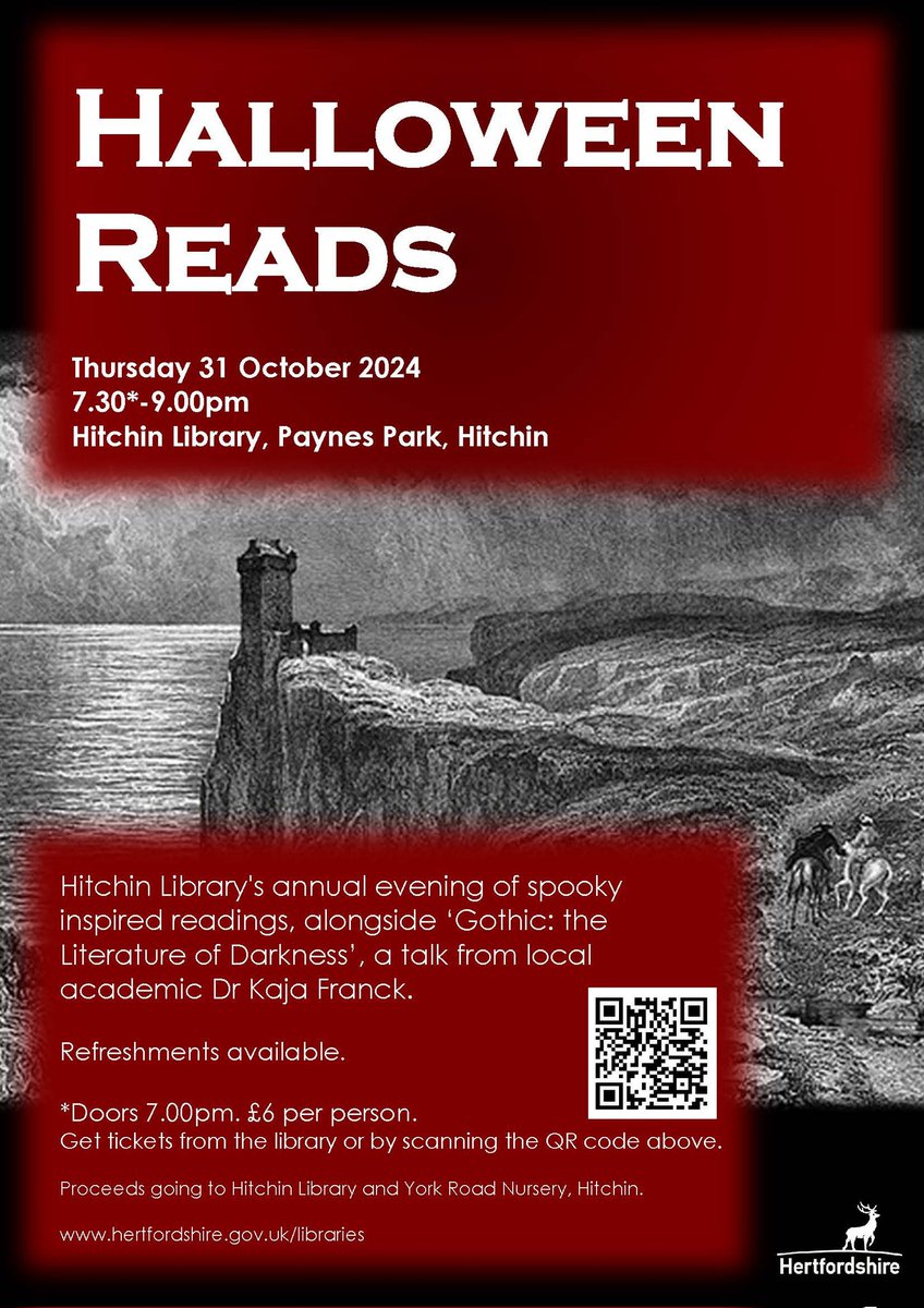 Dr Kaja Franck (@kajafranck) on Twitter photo Calling all North Herts Spooky Types: I am doing a fundraising talk, covering Gothic Literature, on #Halloween2024 at <a href="/HitchinLibrary/">Hitchin Library</a> - poster attached for more info. Proceeds split between York Road Nursery and Hitchin Library. Tickets available: hertfordshire.gov.uk/services/libra… Calling all North Herts Spooky Types: I am doing a fundraising talk, covering Gothic Literature, on #Halloween2024 at <a href="/HitchinLibrary/">Hitchin Library</a> - poster attached for more info. Proceeds split between York Road Nursery and Hitchin Library. Tickets available: hertfordshire.gov.uk/services/libra…