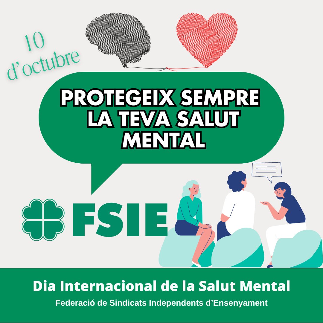 🗣️ 📷 Avui, 10 d'octubre, Dia Internacional de la Salut Mental, FSIE posa el focus a cuidar la salut mental dels treballadors dels sectors de l'ensenyament i la discapacitat, en els quals la càrrega emocional afecta molt a l'acompliment professional.📷 👉bit.ly/4ezIcG7