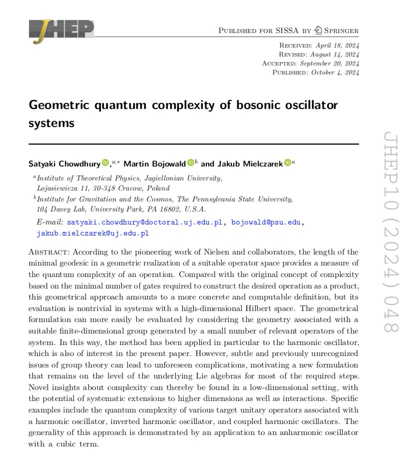 Our article on geometric #quantum #complexity has been published in the Journal of High Energy Physics (JHEP). We are currently working on applying these results to understand the complexity of quantum gravitational systems. link.springer.com/article/10.100…