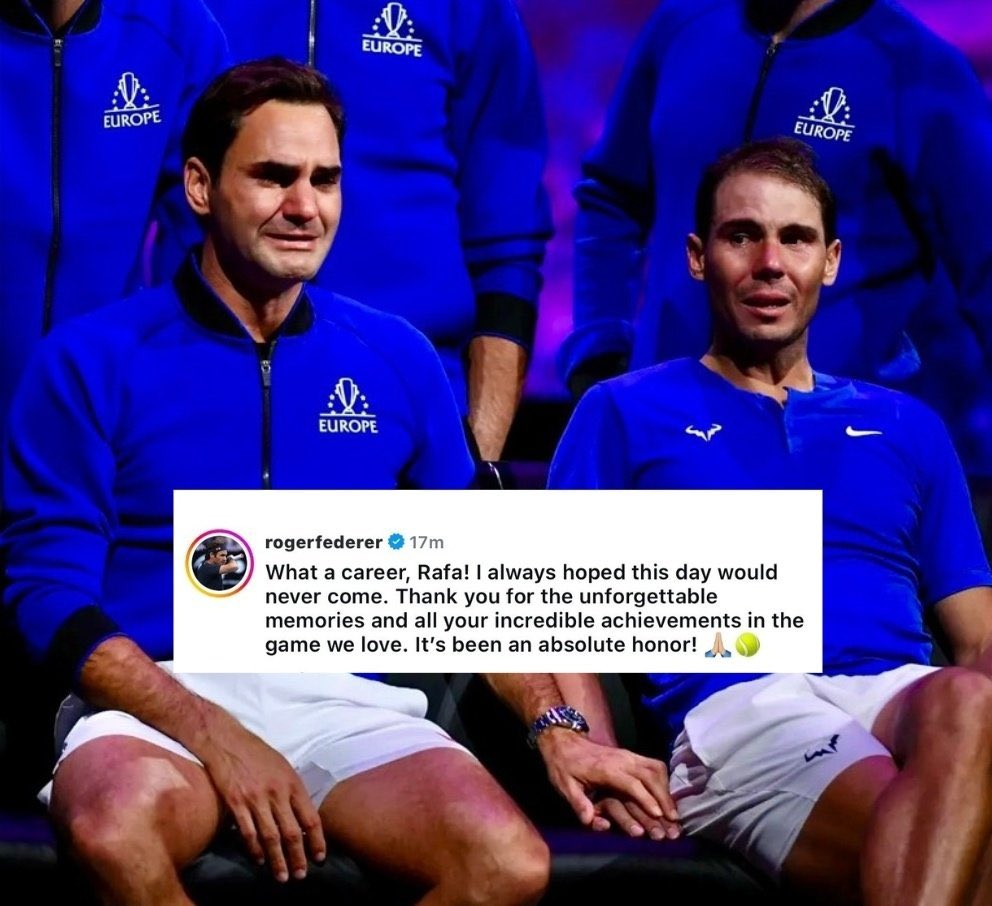 Roger Federer to Rafa Nadal after announcing his retirement from tennis. 

Always supporting each other til the very end. 🥹