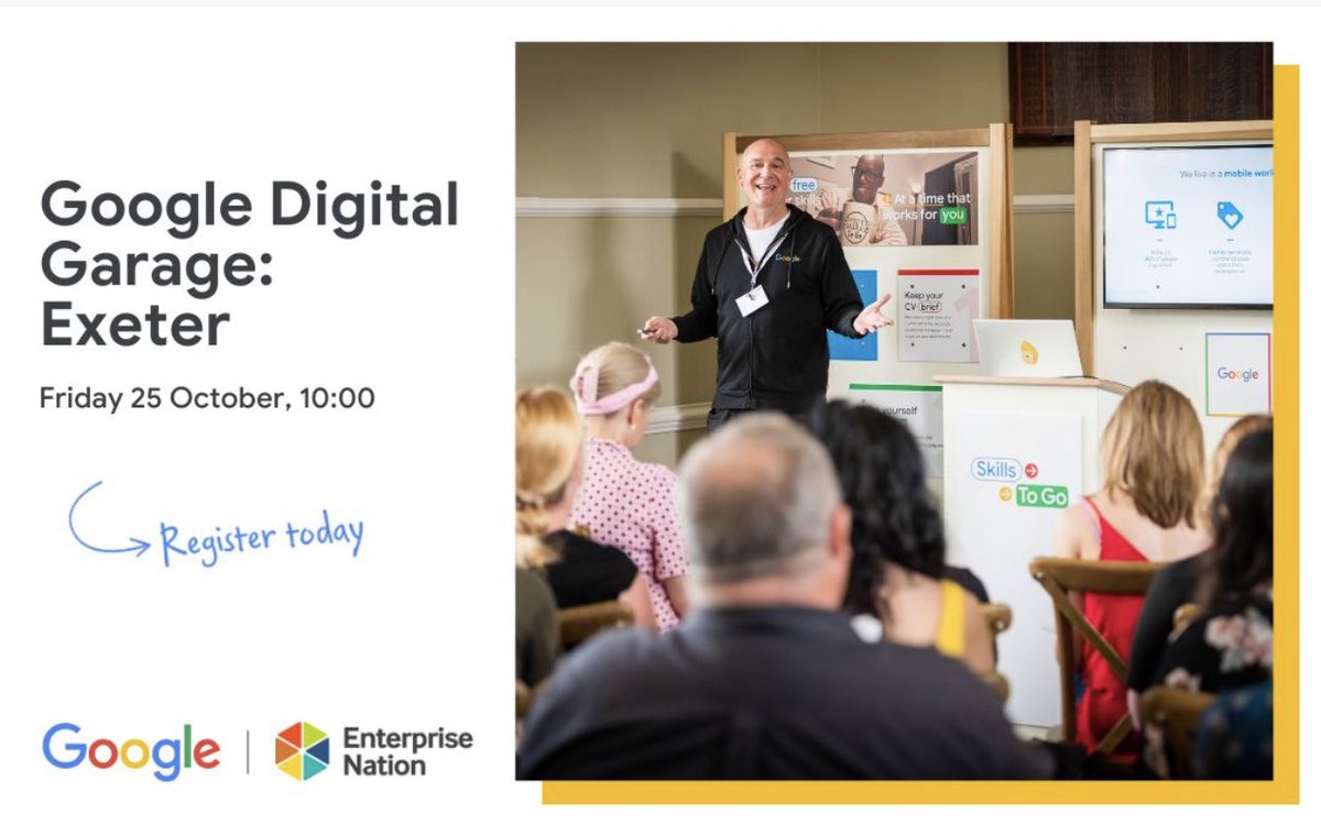 steveracemp's tweet image. I’m delighted to be hosting @Google in #Exeter; they’ll be running a #DigitalGarage session to share digital skills training for small businesses and individuals who want to run a business.

If you’re interested, or know someone who might be, sign up here: enterprisenation.com/find-something…