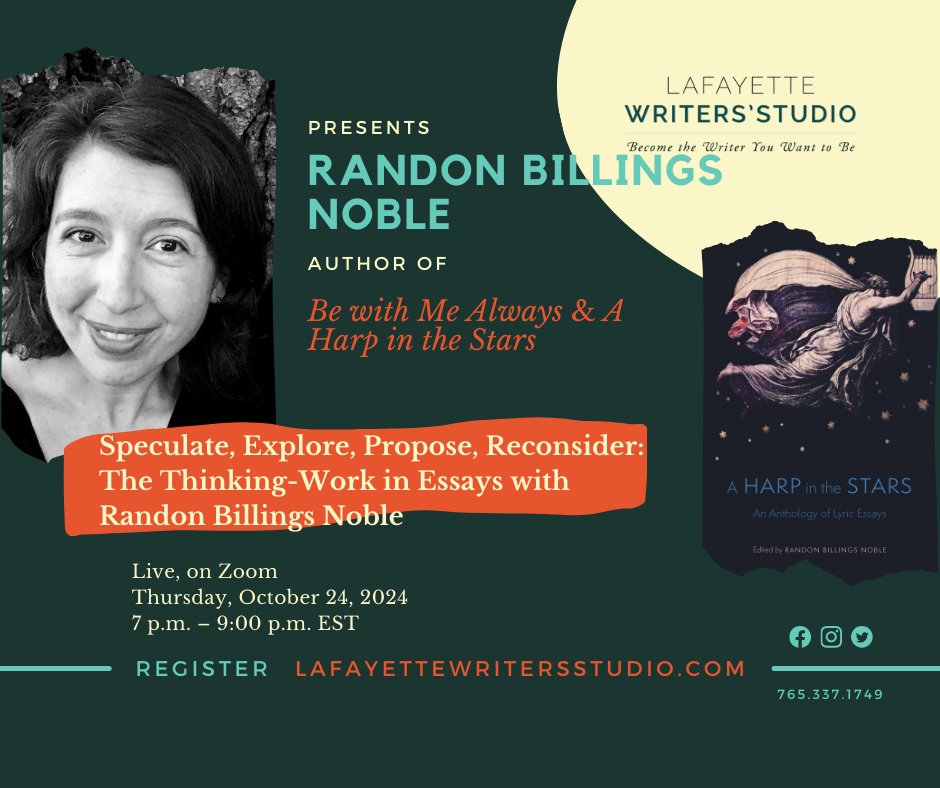 Melissa Fraterrigo (@lafayettewrite) on Twitter photo Essayists: 
<a href="/RandonNoble/">Randon Billings Noble</a>  will explore the thinking work of essays in Speculate, Explore, Propose, Reconsider: The Thinking-Work in Essay on 10/24.
Randon will be look at writing by Cheryl Strayed, Cathy Park Hong, Maggie Nelson and more! Register 👉lafayettewritersstudio.com/classes/essays Essayists: 
<a href="/RandonNoble/">Randon Billings Noble</a>  will explore the thinking work of essays in Speculate, Explore, Propose, Reconsider: The Thinking-Work in Essay on 10/24.
Randon will be look at writing by Cheryl Strayed, Cathy Park Hong, Maggie Nelson and more! Register 👉lafayettewritersstudio.com/classes/essays