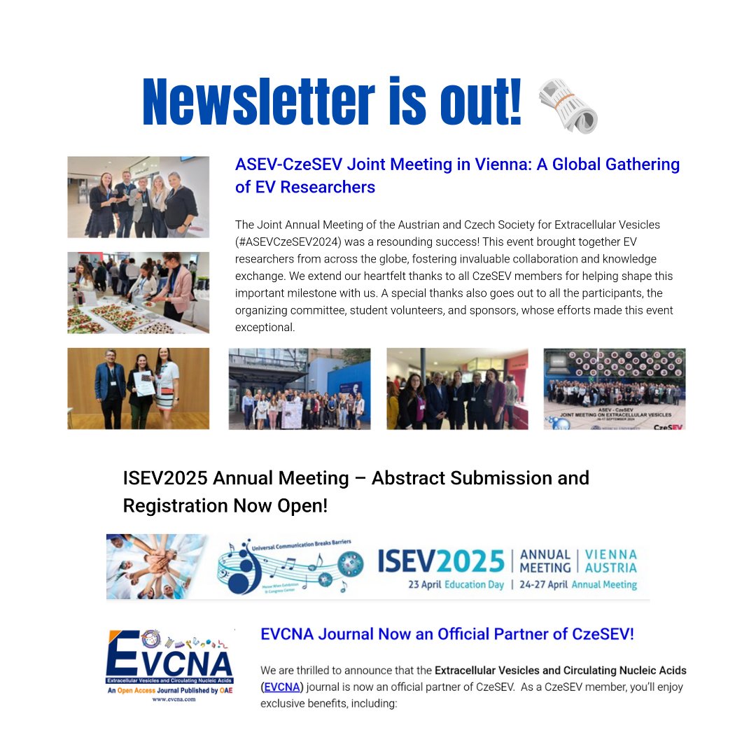 CzeSEV (@czesev) on Twitter photo 🗞️Our latest newsletter highlights key moments from #ASEVCzeSEV2024 and features upcoming events, including #ISEV2025 and other conferences! We’re also excited about our partnership with EVCNA <a href="/VesiclesAcids/">Extracellular Vesicles & Circulating Nucleic Acids</a>! sci.muni.cz/czesev/newslet…
#czesev #extracellularvesicles 🗞️Our latest newsletter highlights key moments from #ASEVCzeSEV2024 and features upcoming events, including #ISEV2025 and other conferences! We’re also excited about our partnership with EVCNA <a href="/VesiclesAcids/">Extracellular Vesicles & Circulating Nucleic Acids</a>! sci.muni.cz/czesev/newslet…
#czesev #extracellularvesicles
