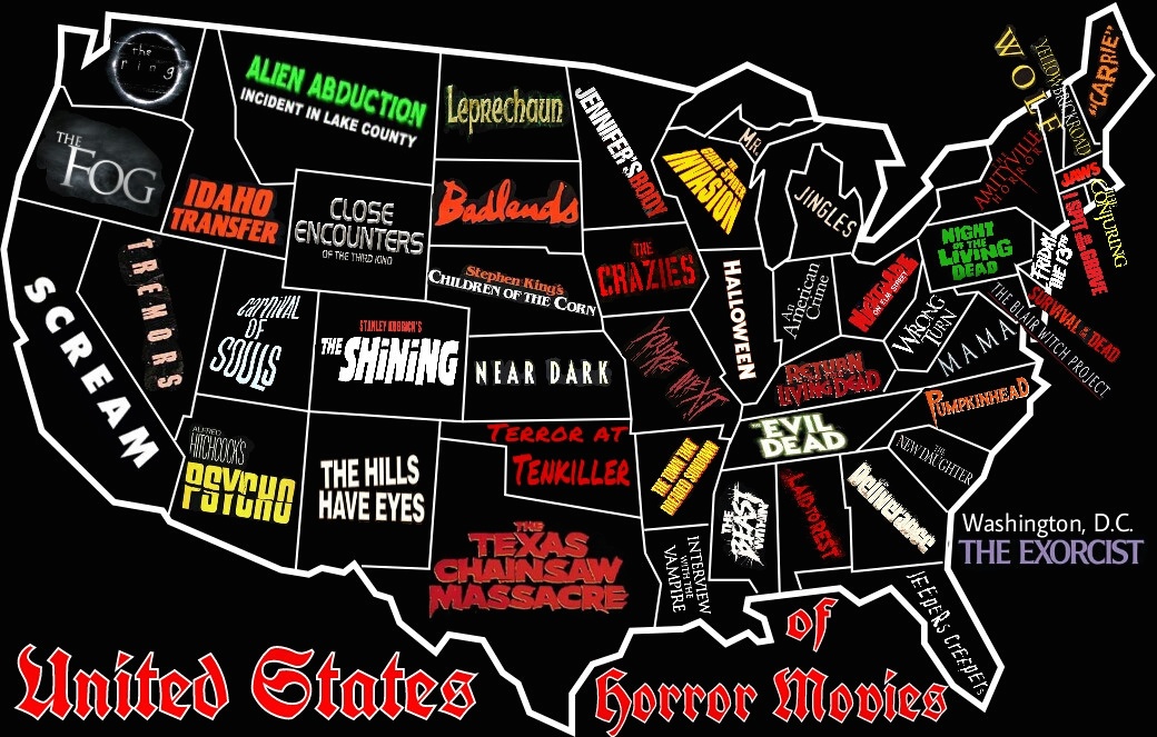 Halloween is coming... Are you a fan of horror movies? If you are, take a look at this map of the United States of Horror Movies! 🔪🇺🇸