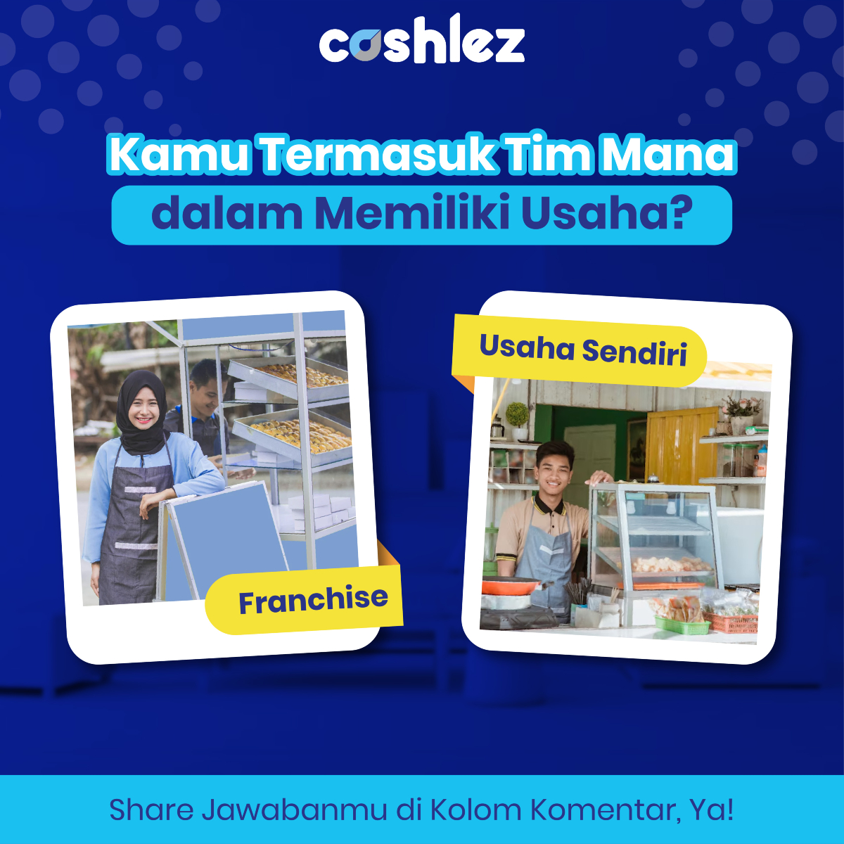 Yuk kamu lebih pilih bisnis sendiri atau franchise nih? Tulis jawaban kamu di kolom komentar ya

#cashlez #cashlezin #cashlezquiz #thisorthat #kuis #kuisinstagram