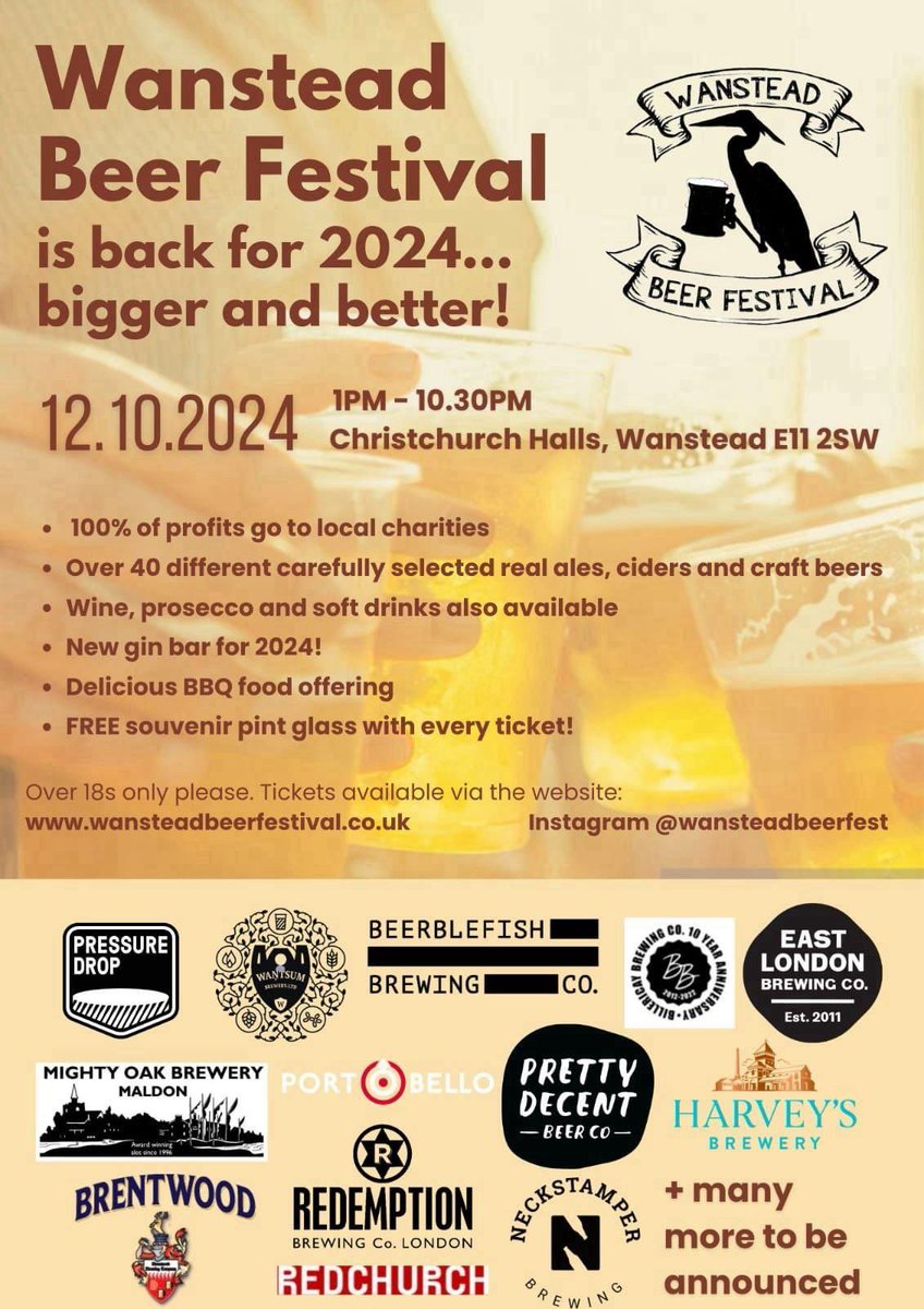Paul Donovan (@donno28) on Twitter photo Wanstead Beer Festival..tickets going fast...don't miss out -no beer more than ยฃ5 a pint- wansteadbeerfestival.co.uk <a href="/PigsEarsBeer/">PigsEarsBeer</a> <a href="/BrentwoodBrewCo/">Brentwood Brewing Co</a> <a href="/beerblefish/">Beerblefish Brewing Co.</a> <a href="/RedemptionBrew/">Redemption Brewing Co.</a> <a href="/neckstamper/">Neckstamper Brewing</a> <a href="/PrettyDecentBC/">Pretty Decent Beer Co</a> <a href="/MightyOakBrew/">Mighty Oak Brewing</a> <a href="/Harveys1790/">Harvey's Brewery</a> <a href="/WansteadParish/">WansteadParish</a> <a href="/ELondonGuardian/">East London Guardian</a> <a href="/IlfordRecorder/">Ilford Recorder</a> Wanstead Beer Festival..tickets going fast...don't miss out -no beer more than ยฃ5 a pint- wansteadbeerfestival.co.uk <a href="/PigsEarsBeer/">PigsEarsBeer</a> <a href="/BrentwoodBrewCo/">Brentwood Brewing Co</a> <a href="/beerblefish/">Beerblefish Brewing Co.</a> <a href="/RedemptionBrew/">Redemption Brewing Co.</a> <a href="/neckstamper/">Neckstamper Brewing</a> <a href="/PrettyDecentBC/">Pretty Decent Beer Co</a> <a href="/MightyOakBrew/">Mighty Oak Brewing</a> <a href="/Harveys1790/">Harvey's Brewery</a> <a href="/WansteadParish/">WansteadParish</a> <a href="/ELondonGuardian/">East London Guardian</a> <a href="/IlfordRecorder/">Ilford Recorder</a>
