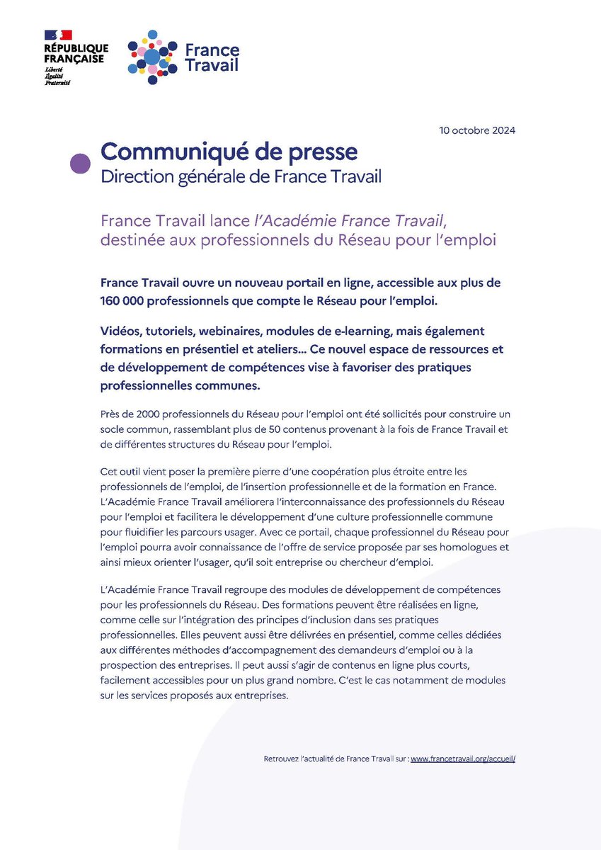 Favoriser le partage de pratiques communes entre les professionnels de l’#emploi, de l’#insertion et de la #formation en 🇫🇷, c'est le pari de l'Académie France Travail !

Lancement de ce nouveau portail en ligne, accessible aux + de 160  K professionnels du Réseau pour l'emploi