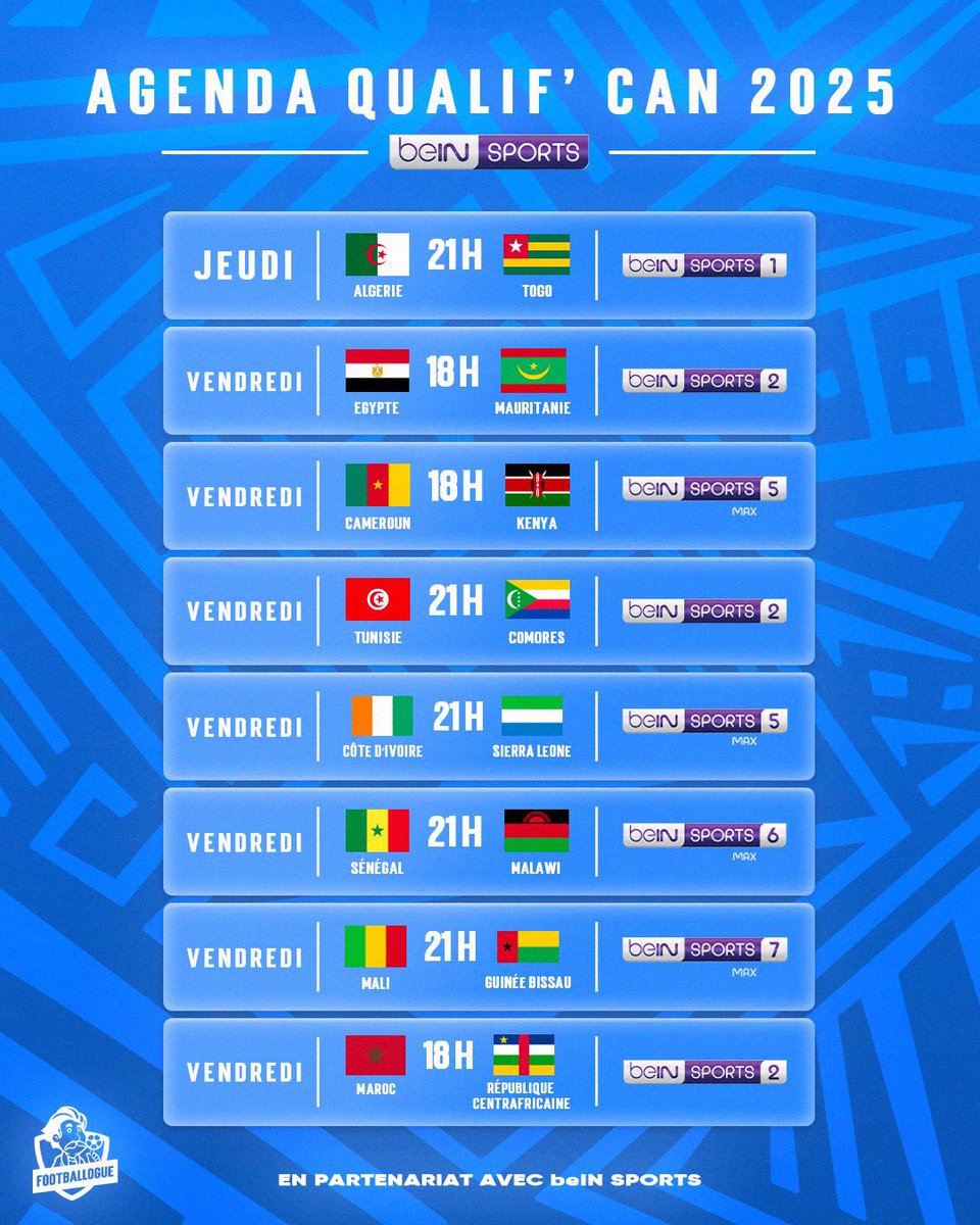 Footballogue's tweet image. 📺  La 3e journée des qualifications à la CAN 2025 commence ce soir ! 🔥

Voici le programme des matchs diffusés sur @beinsports_FR 👀