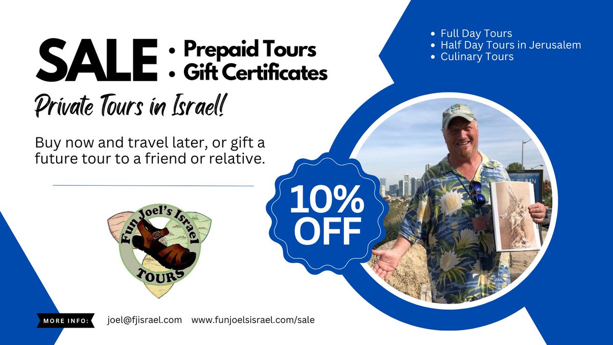 Joel Haber (@funjoel) on Twitter photo A year of war means very few tourists. Which has hurt financially. To combat some losses, I'm running a SALE on prepaid tours/gift certificates. 10% off!
TIA for purchases and forwards!
More details: funjoelsisrael.com/sale/ or joel@fjisrael.com
Thanks! A year of war means very few tourists. Which has hurt financially. To combat some losses, I'm running a SALE on prepaid tours/gift certificates. 10% off!
TIA for purchases and forwards!
More details: funjoelsisrael.com/sale/ or joel@fjisrael.com
Thanks!