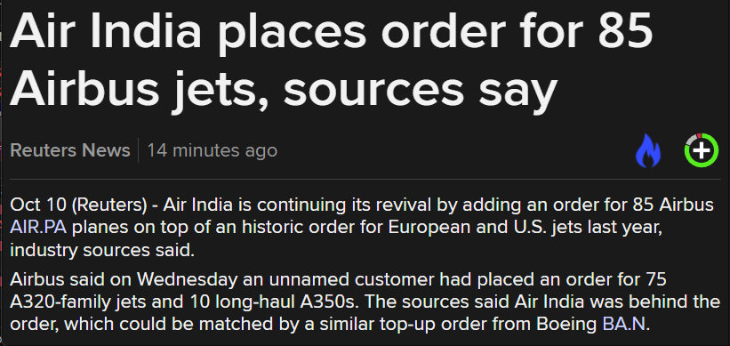 aditishahsays's tweet photo. #OnReuters Air India has firmed up its options for 85 @Airbus planes as it looks to expand its fleet in the fast-growing air travel market. @airindia will add another 75 A320 narrowbody planes and 10 A350 widebodies - topping up its earlier order for 470 jets @timhepher https://t.co/RWWkaKGk3y