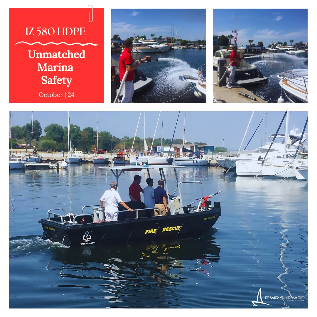 izmir_shipyard's tweet photo. Introducing #IZ580 #HDPE: Mersin Marina's new #firefighting &amp; #rescueboat.  

Efficient, durable &amp; #ecofriendly.   

Features: 
15m water spray 
30+ year hull life 
Fully recyclable 
Fits 20ft container  

Elevate your marina's safety. Learn more: https://t.co/VRjkcXBFOp https://t.co/h2bIzE4DXS