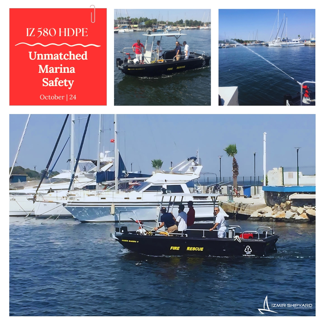 izmir_shipyard's tweet photo. Introducing #IZ580 #HDPE: Mersin Marina's new #firefighting &amp; #rescueboat.  

Efficient, durable &amp; #ecofriendly.   

Features: 
15m water spray 
30+ year hull life 
Fully recyclable 
Fits 20ft container  

Elevate your marina's safety. Learn more: https://t.co/VRjkcXBFOp https://t.co/h2bIzE4DXS
